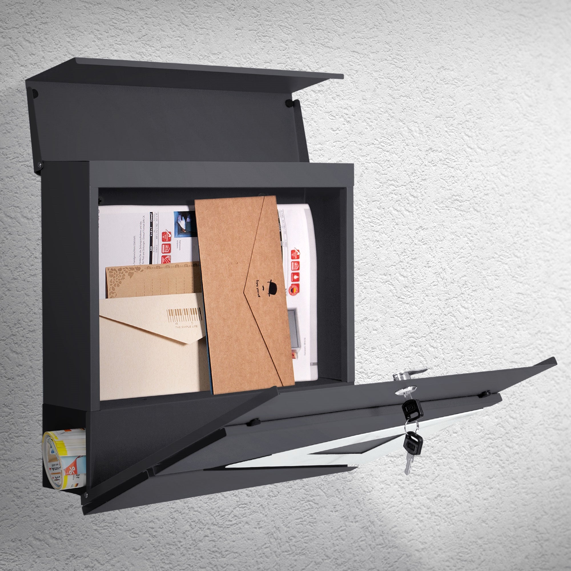 Mailbox with an open lid, showing mail inside.