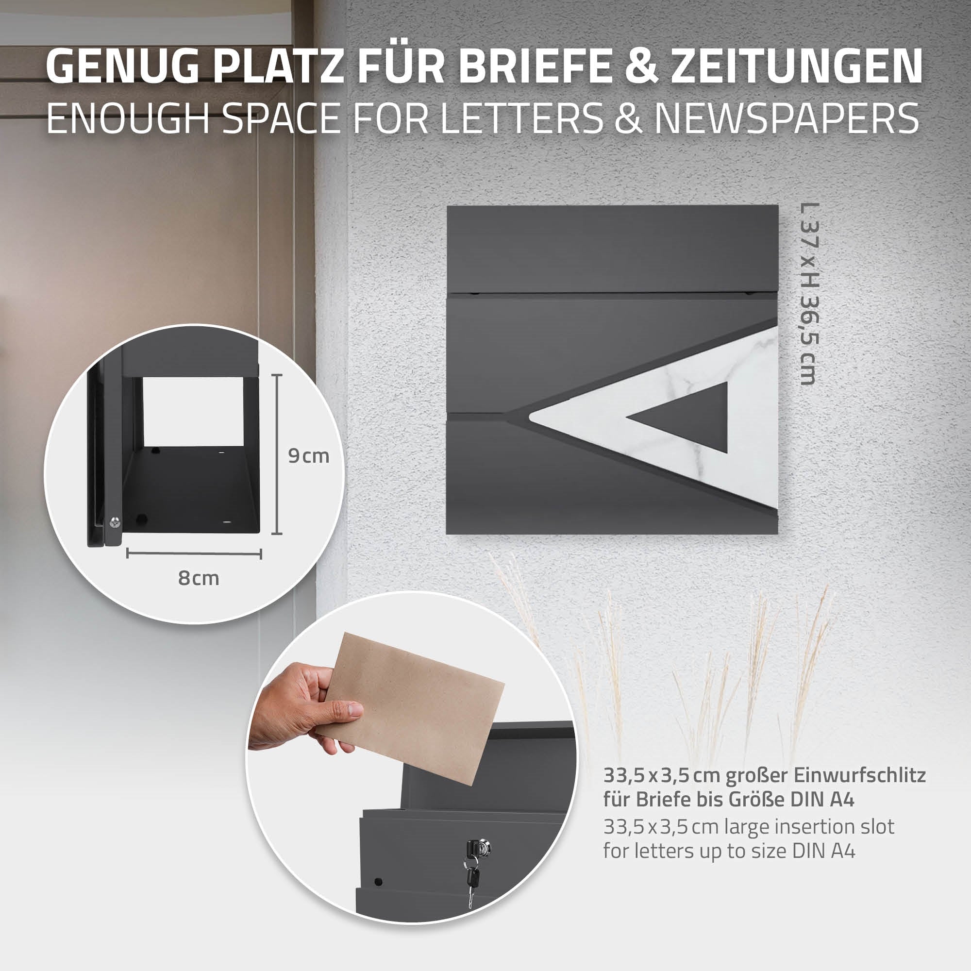 Grafik mit Maßen und Beschreibung des Briefkastens für Briefe und Zeitungen.
