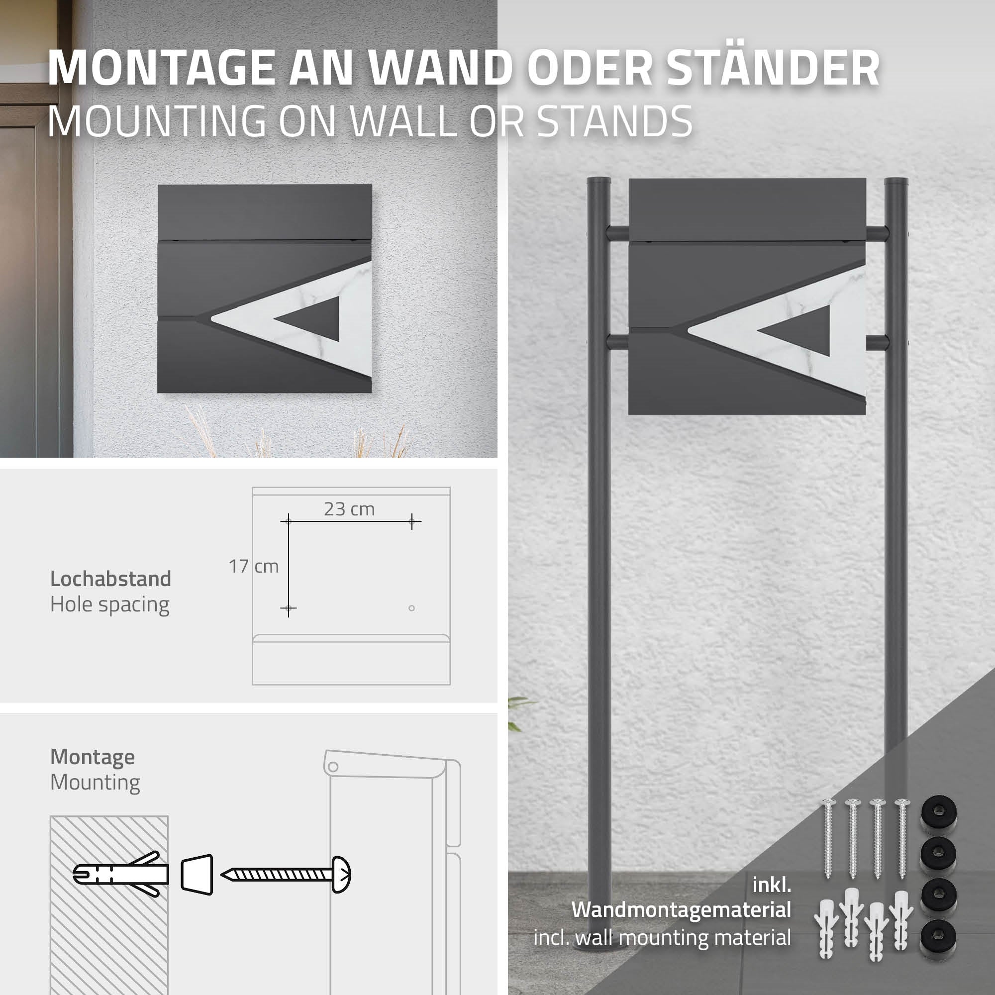 Assembly instructions for wall or stand with measurements.