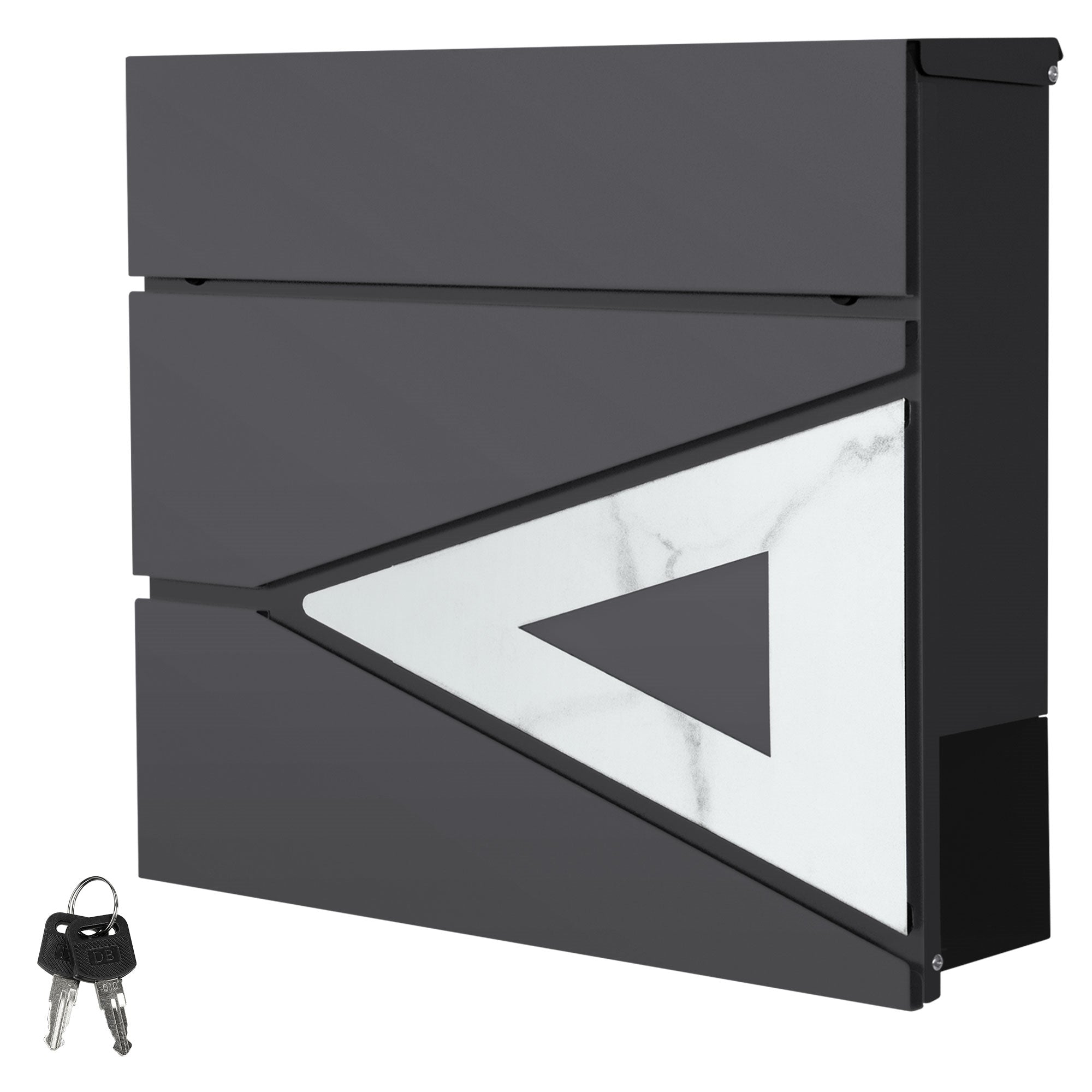 Mailbox in black with a white triangular element and two keys.
