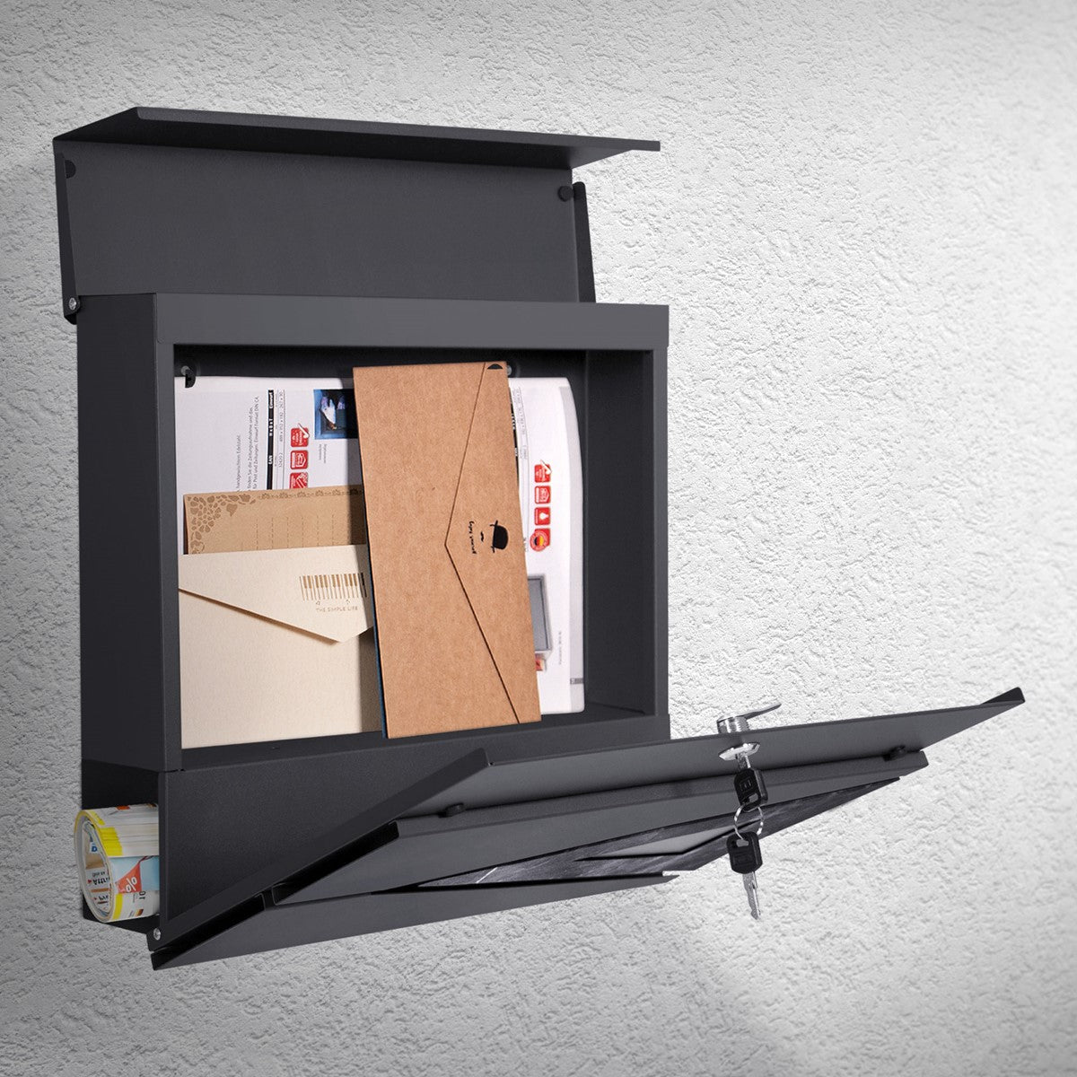 Open mailbox with mail and a visible lock, on a light-colored wall.
