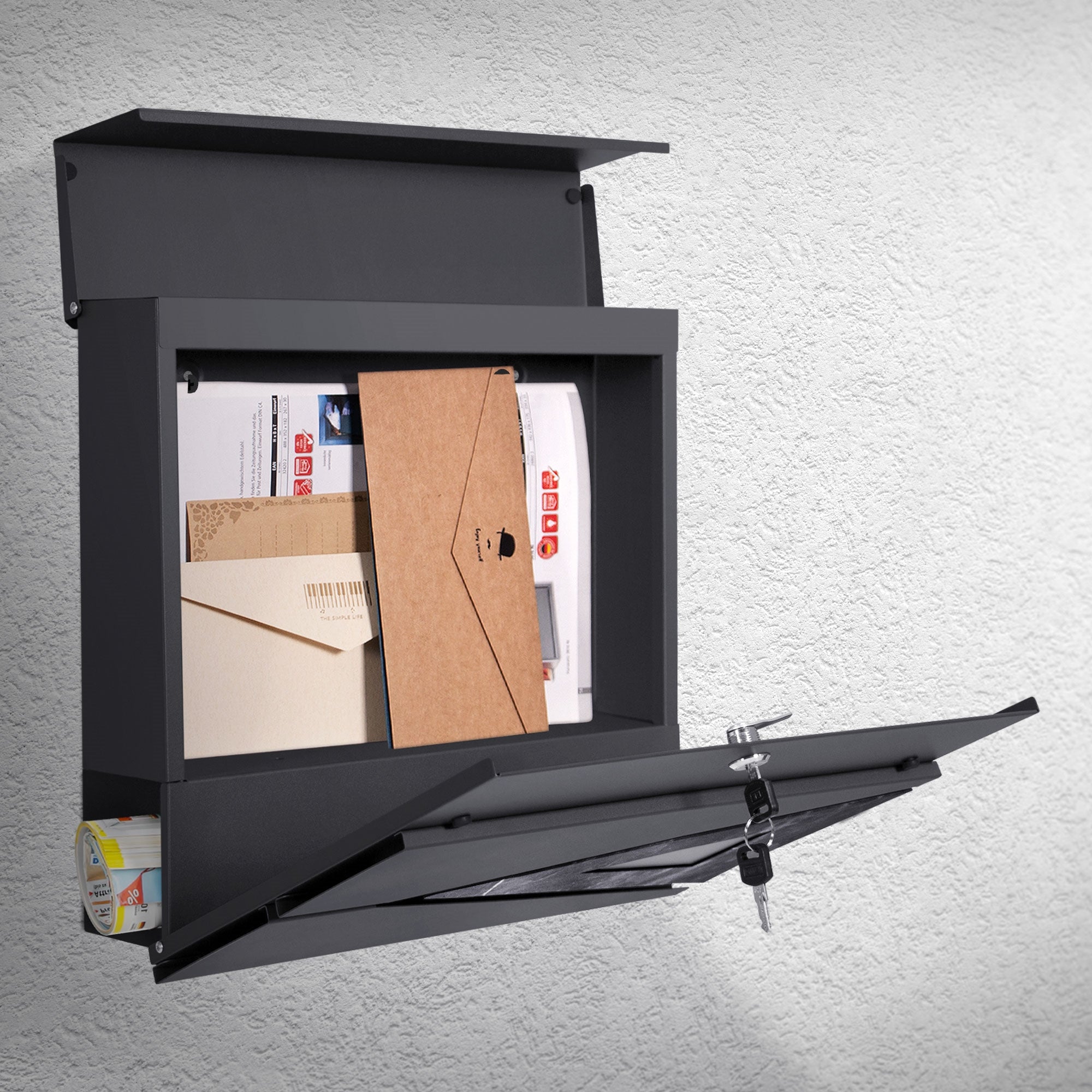 Open mailbox with mail, lock visible, on a light wall.