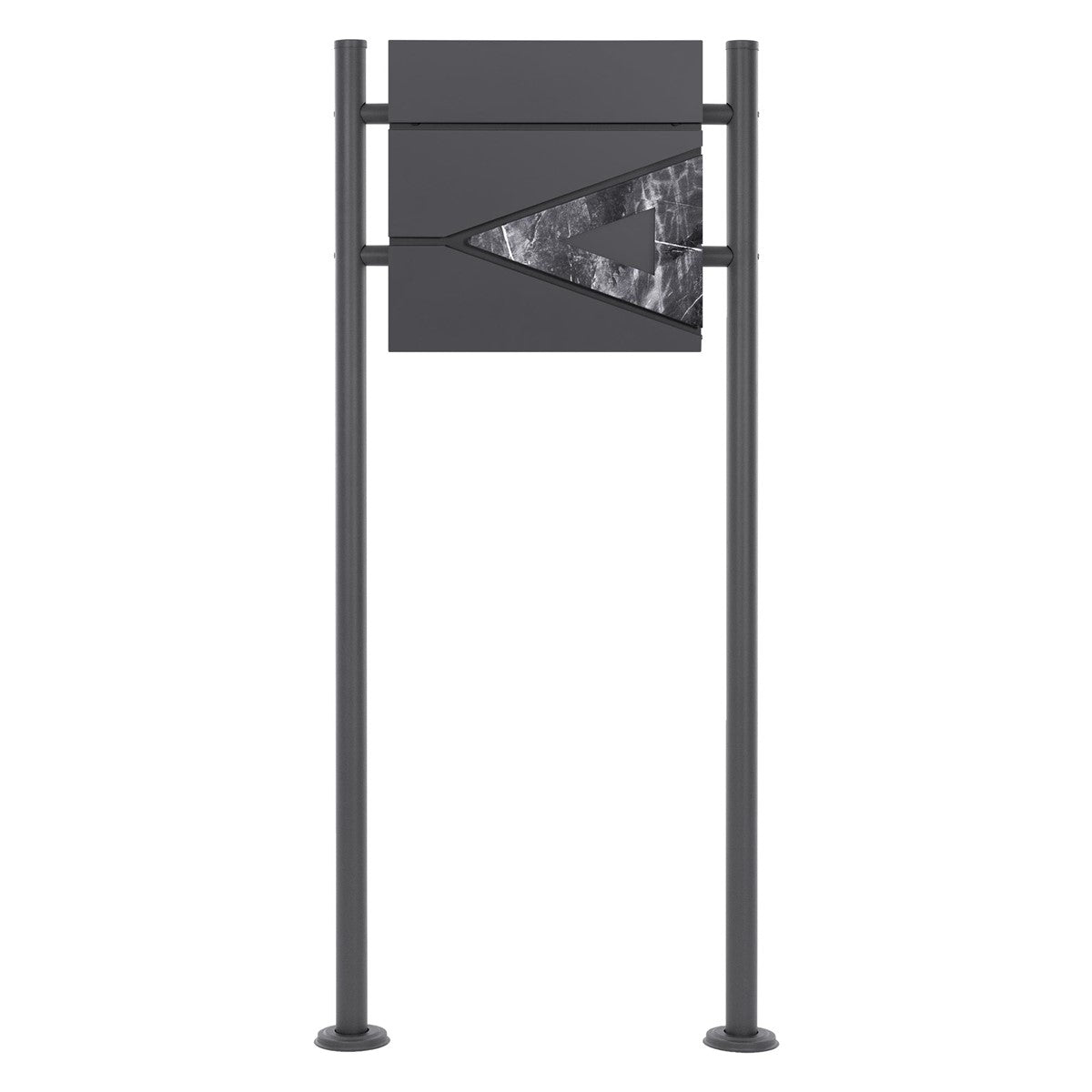 Mailbox with a gray front and a decorative triangular element.
