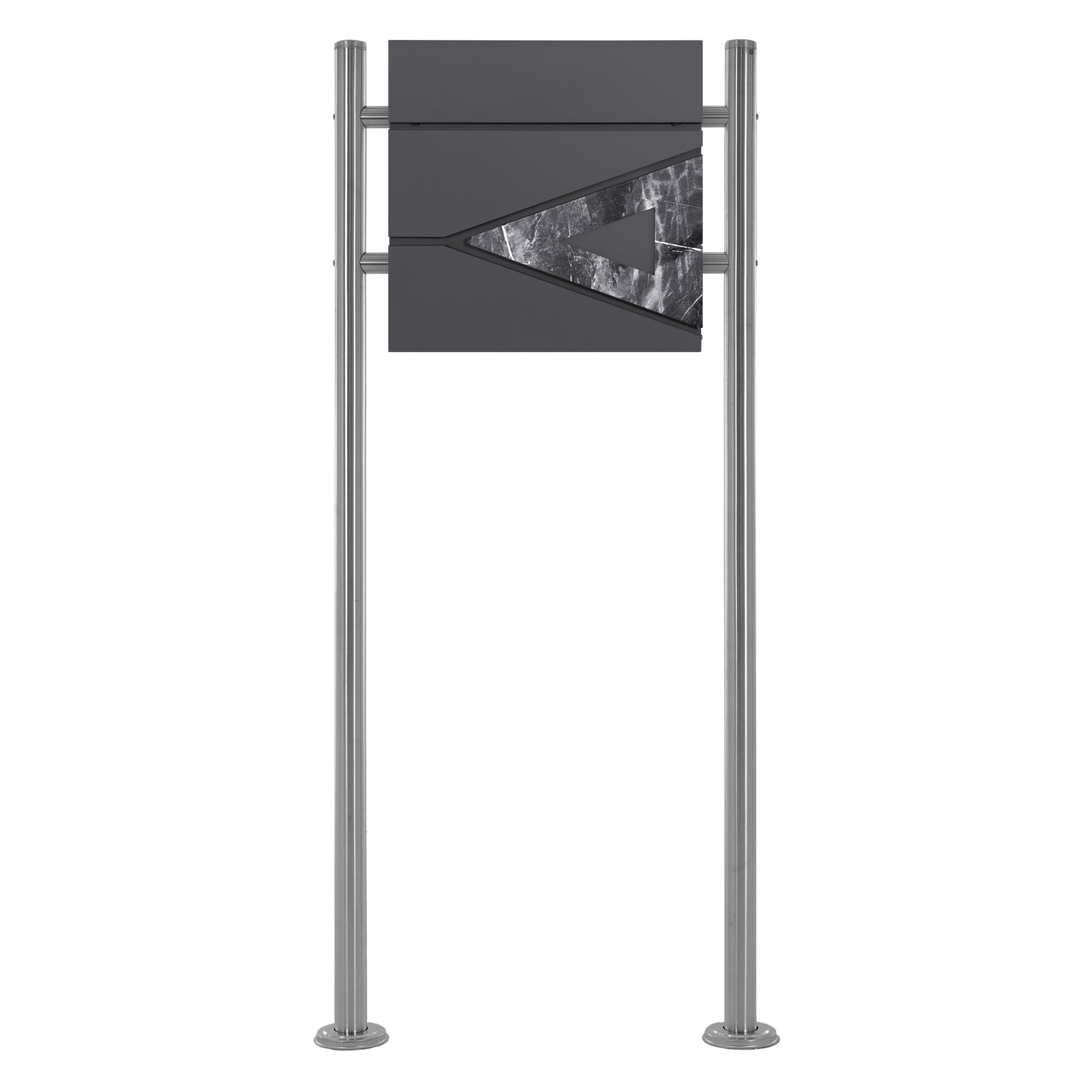 Black mailbox box with a triangular cutout, on two metal supports.