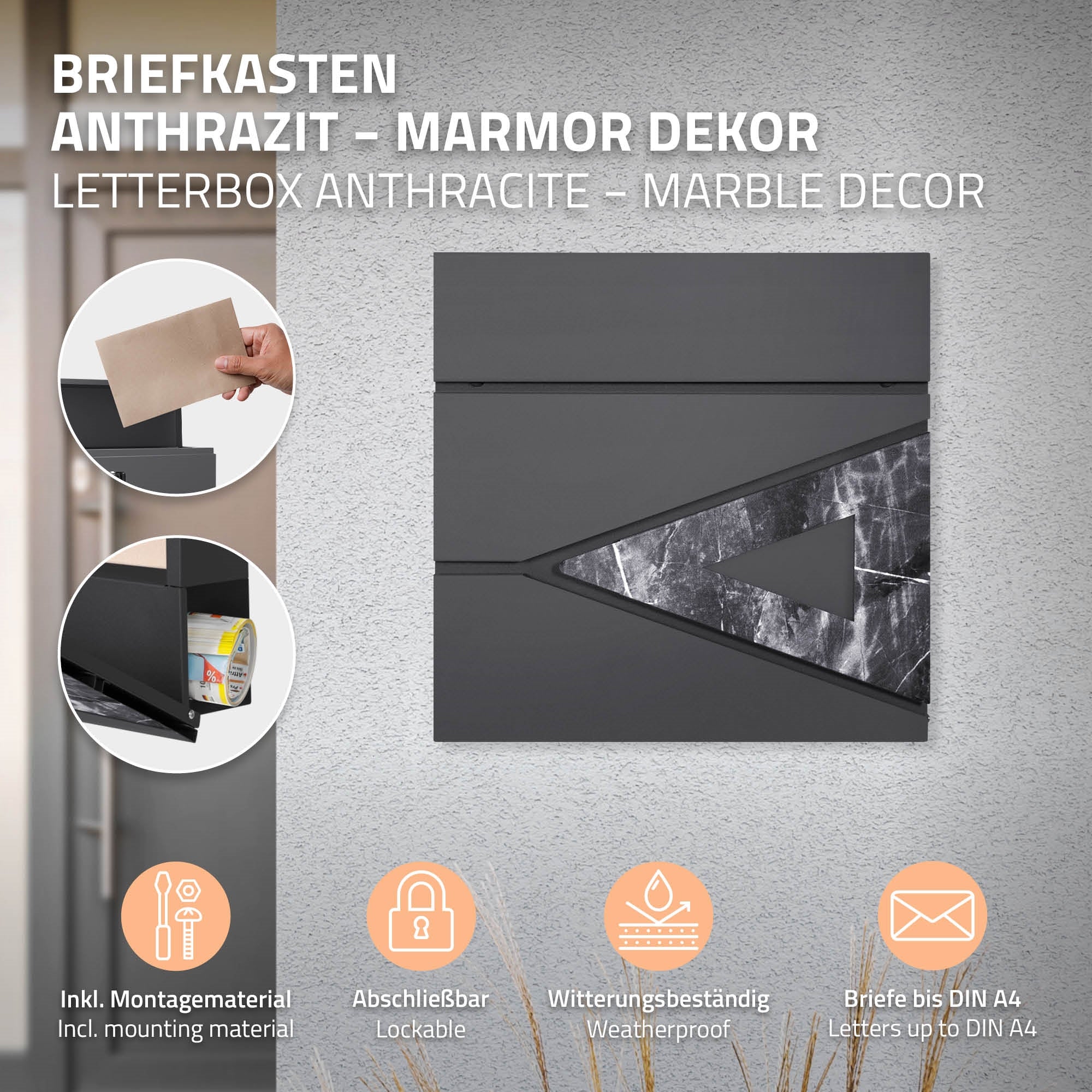 Anthrazitfarbener Briefkasten mit Marmor-Dekor und Montagezubehör.