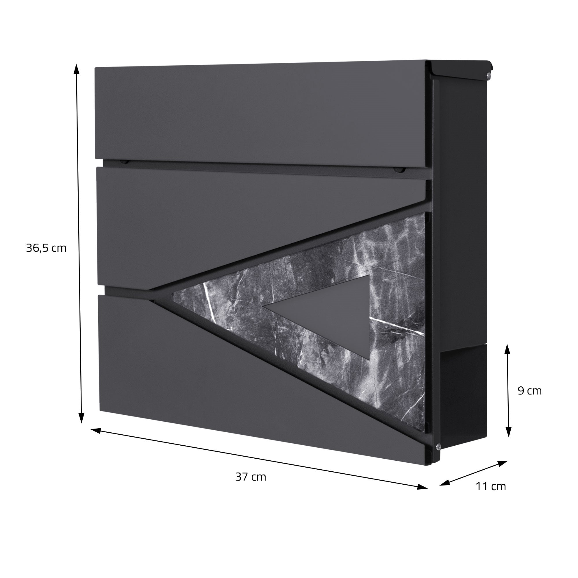 Mailbox with geometric design and measurements.
