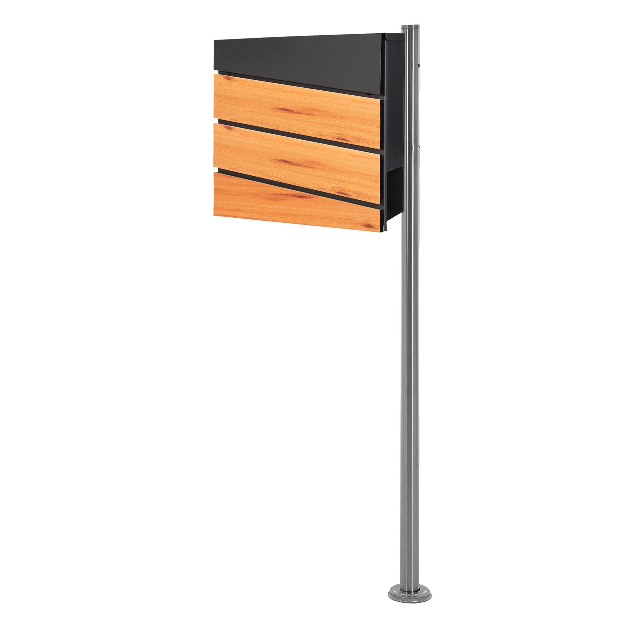 Black mailbox box with three wooden panels, on a metal stand.