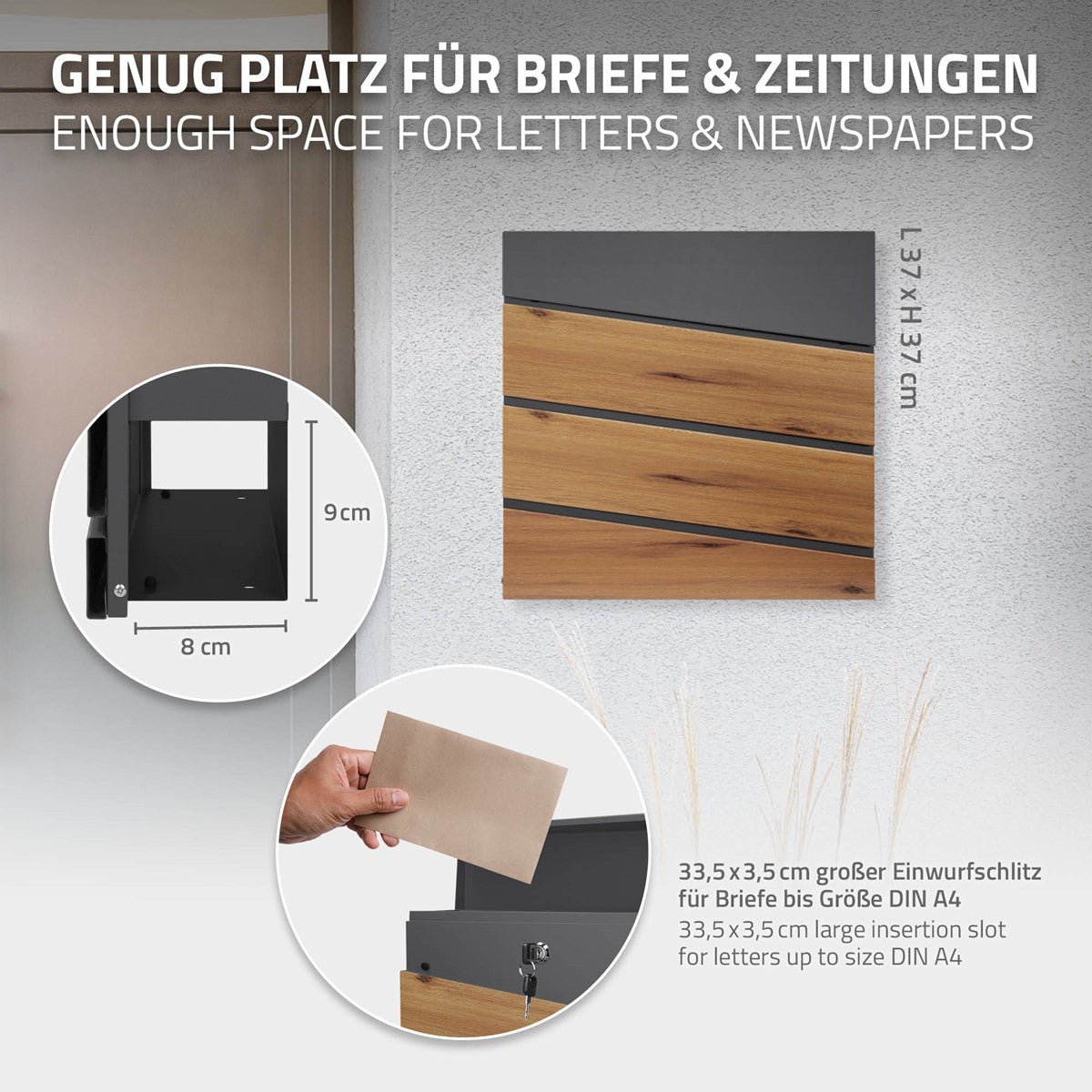Detailansicht eines Briefkastens mit Einwurfschlitz und Platz für Briefe.