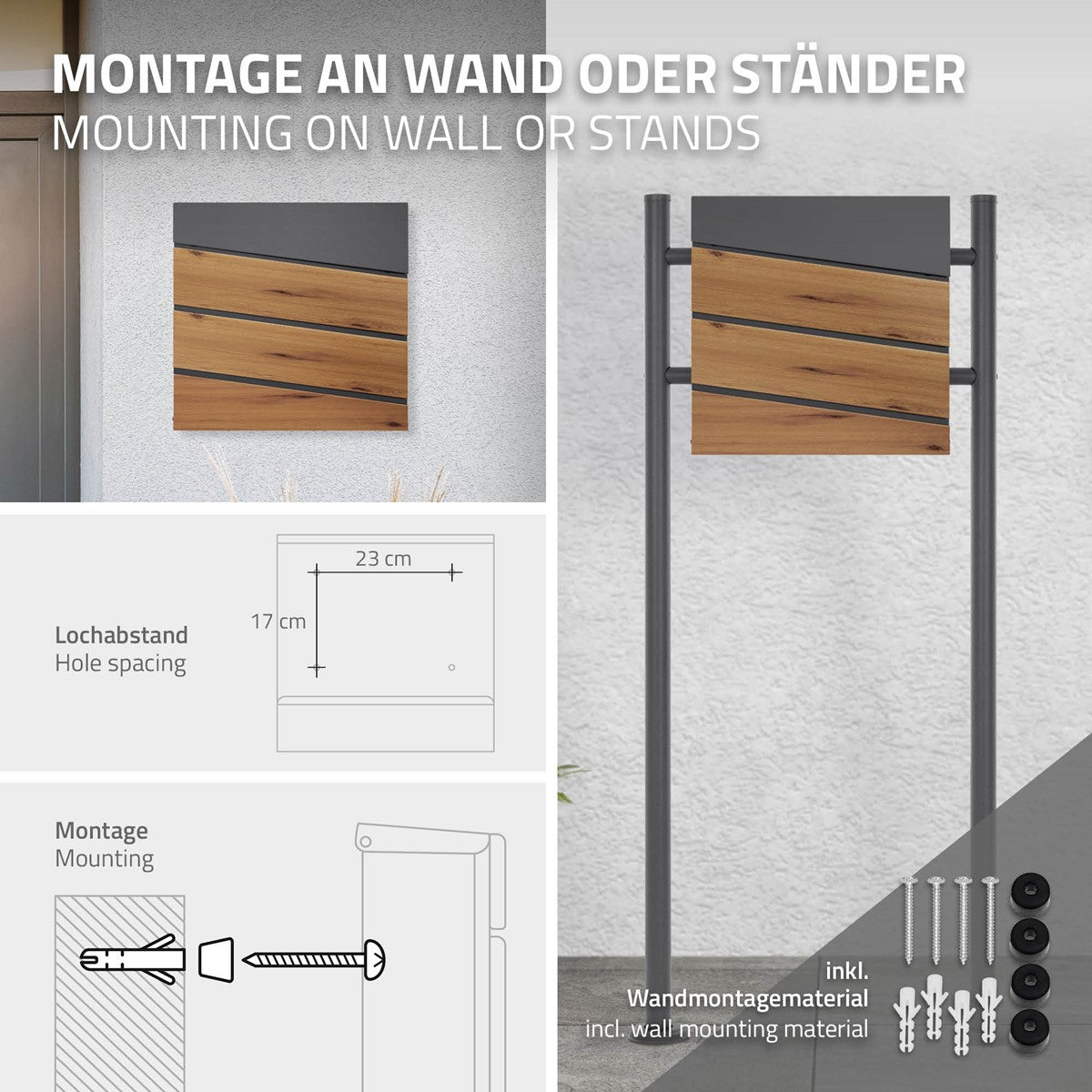 Montageanleitung für Briefkasten an Wand oder Ständer mit Abmessungen.