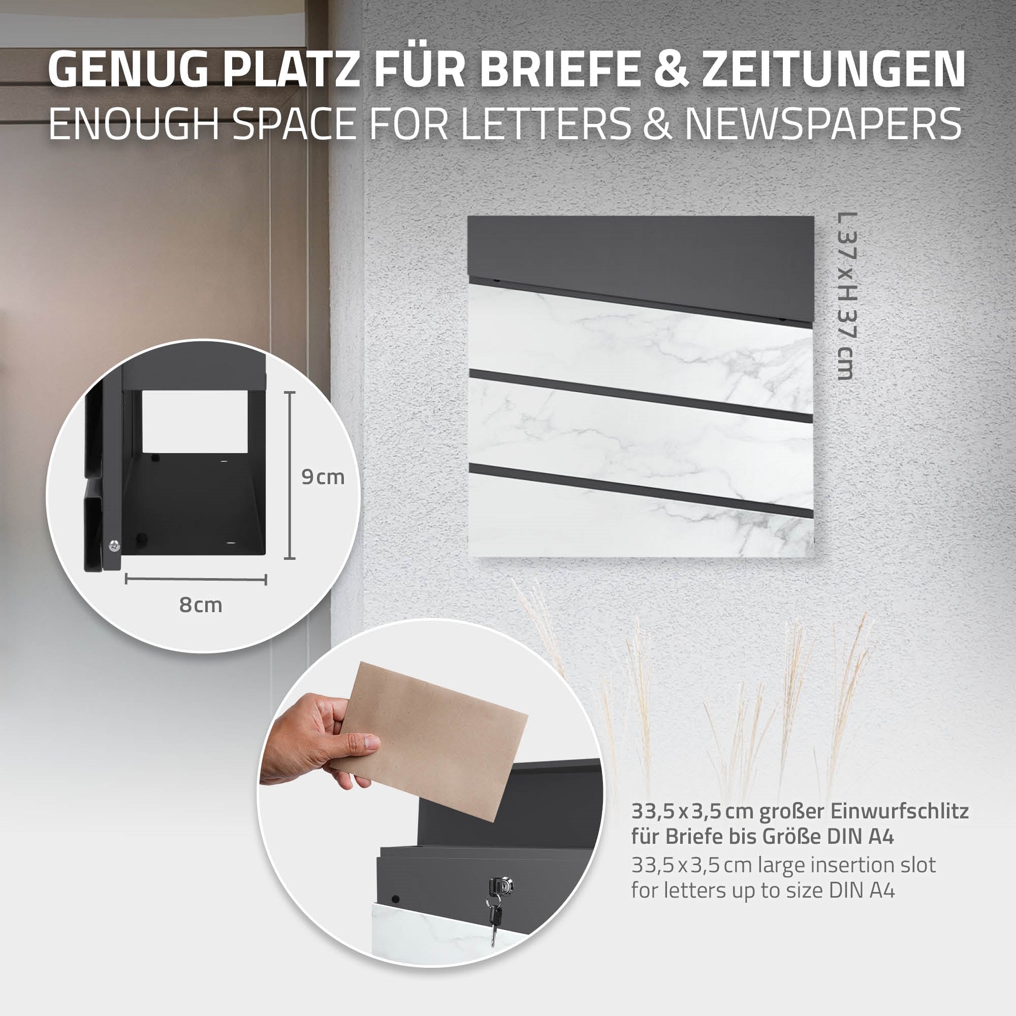 Grafik mit Maßen und Einwurfslot für Briefe und Zeitungen.
