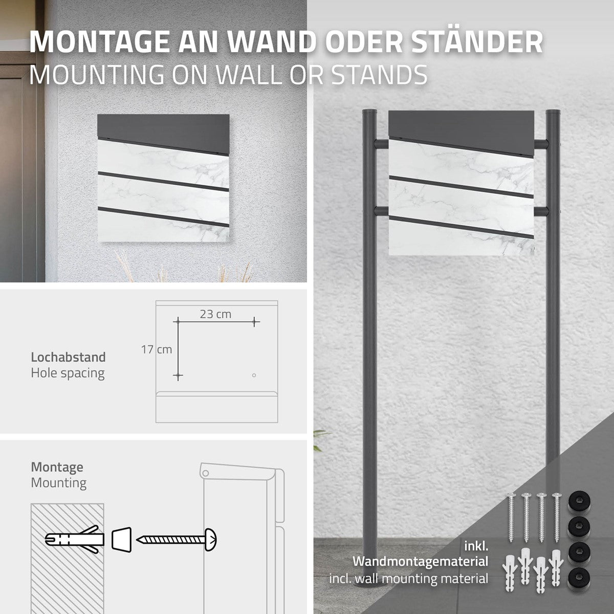 Montageanleitung für eine Wand- oder Standmontage mit verschiedenen Komponenten.