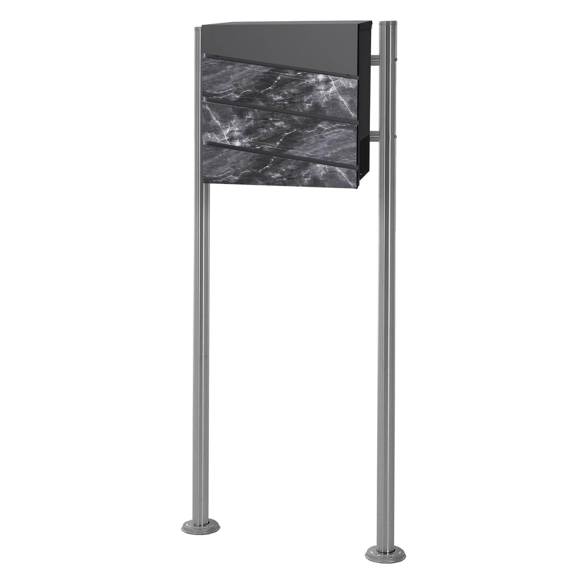 Mailbox with three compartments and gray surface on two metal legs.