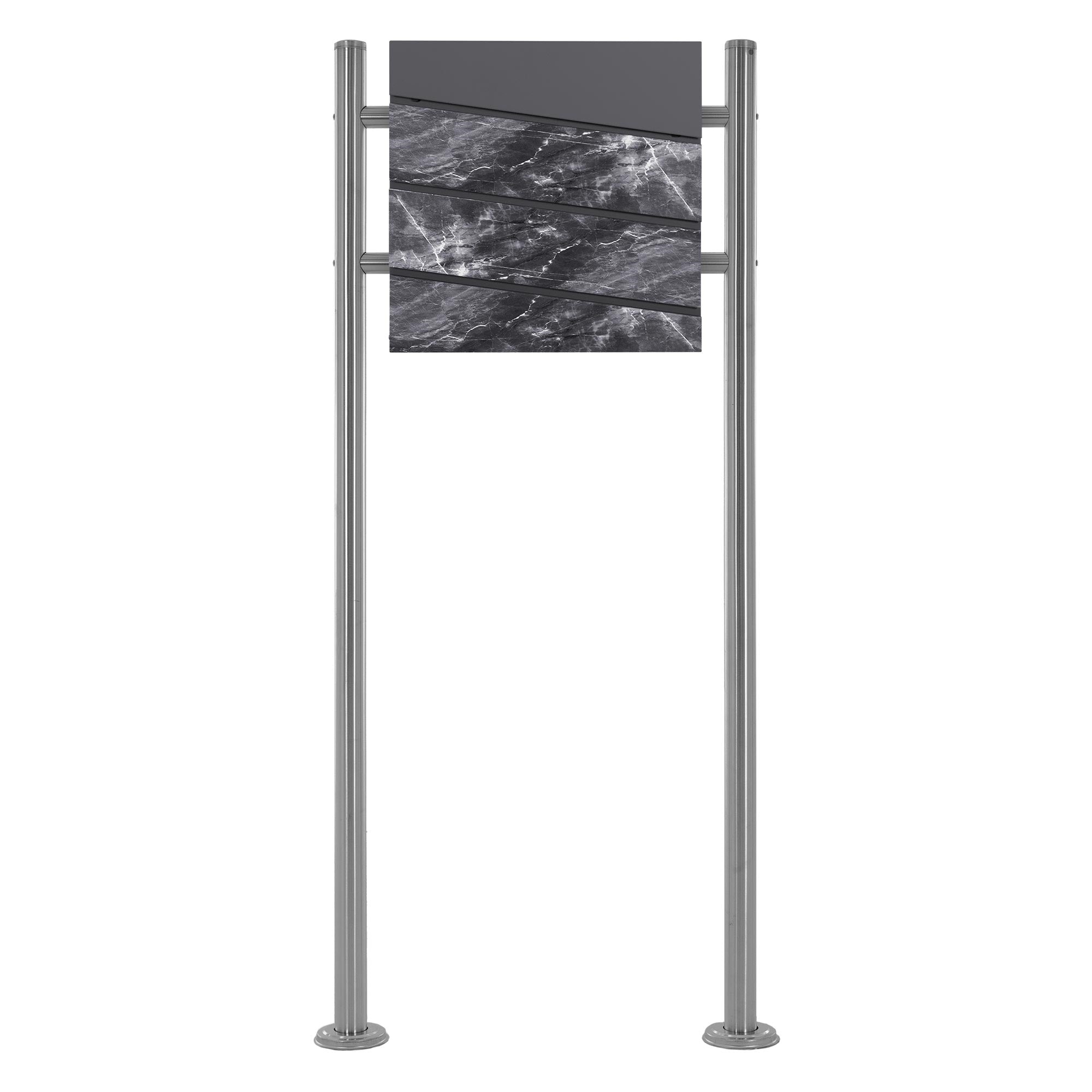 Mailbox with gray design, mounted on two metal supports.