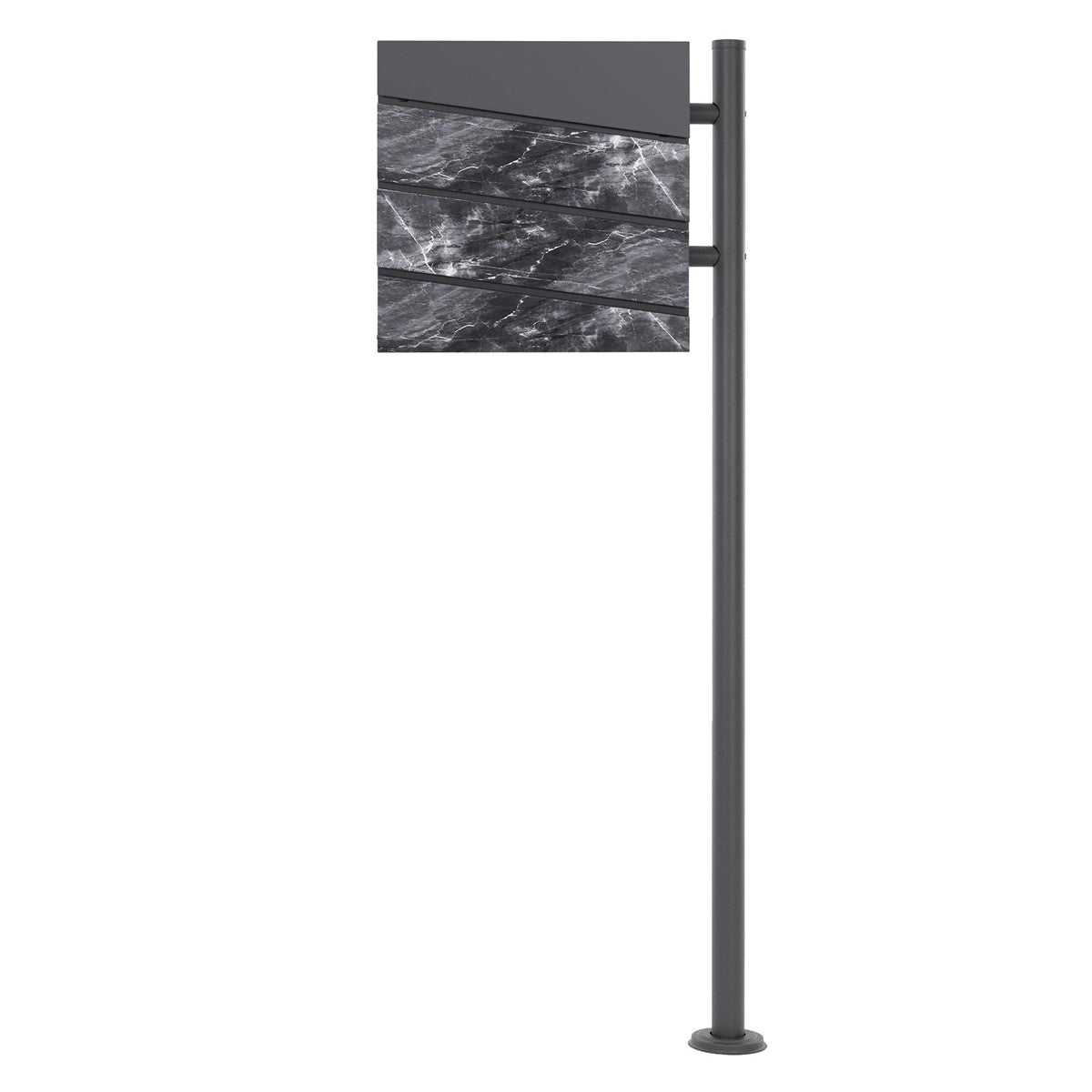 Black freestanding stand with a rectangular marbled plaque.