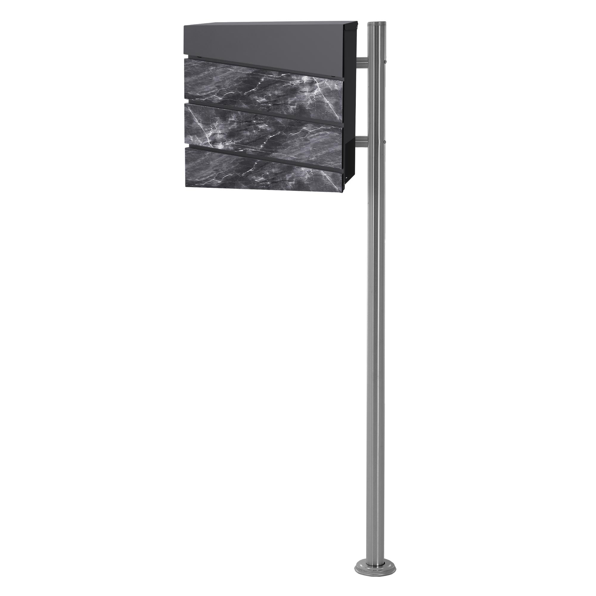 Modern mailbox on a stand with a gray surface.