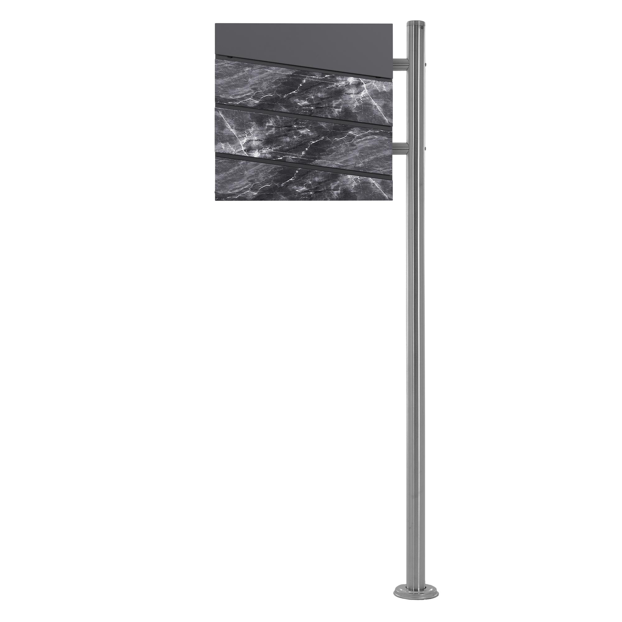 Mailbox in anthracite with marble decor, mounted on a sturdy post.