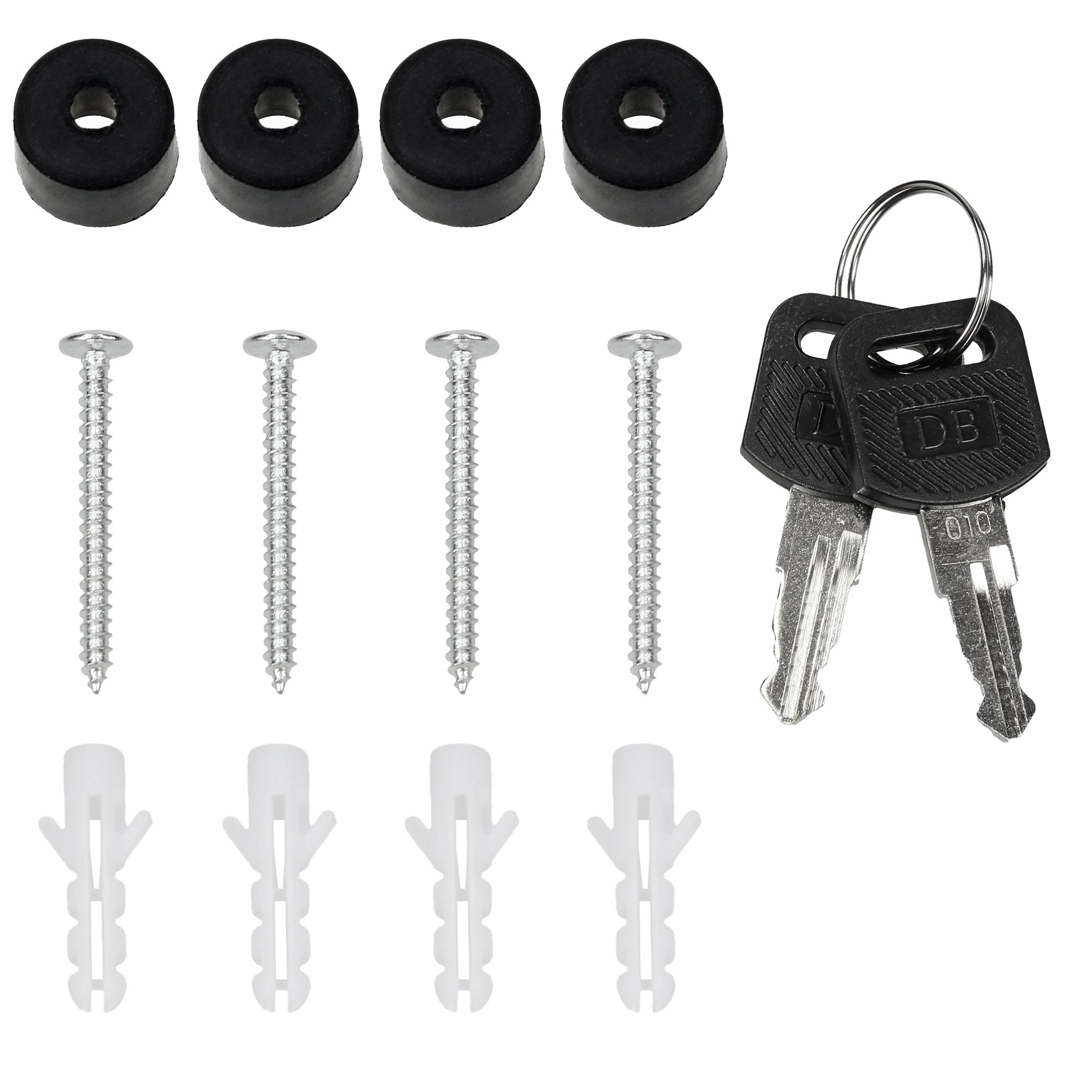 Screws, dowels, rubber stoppers, and two keys on a white background.