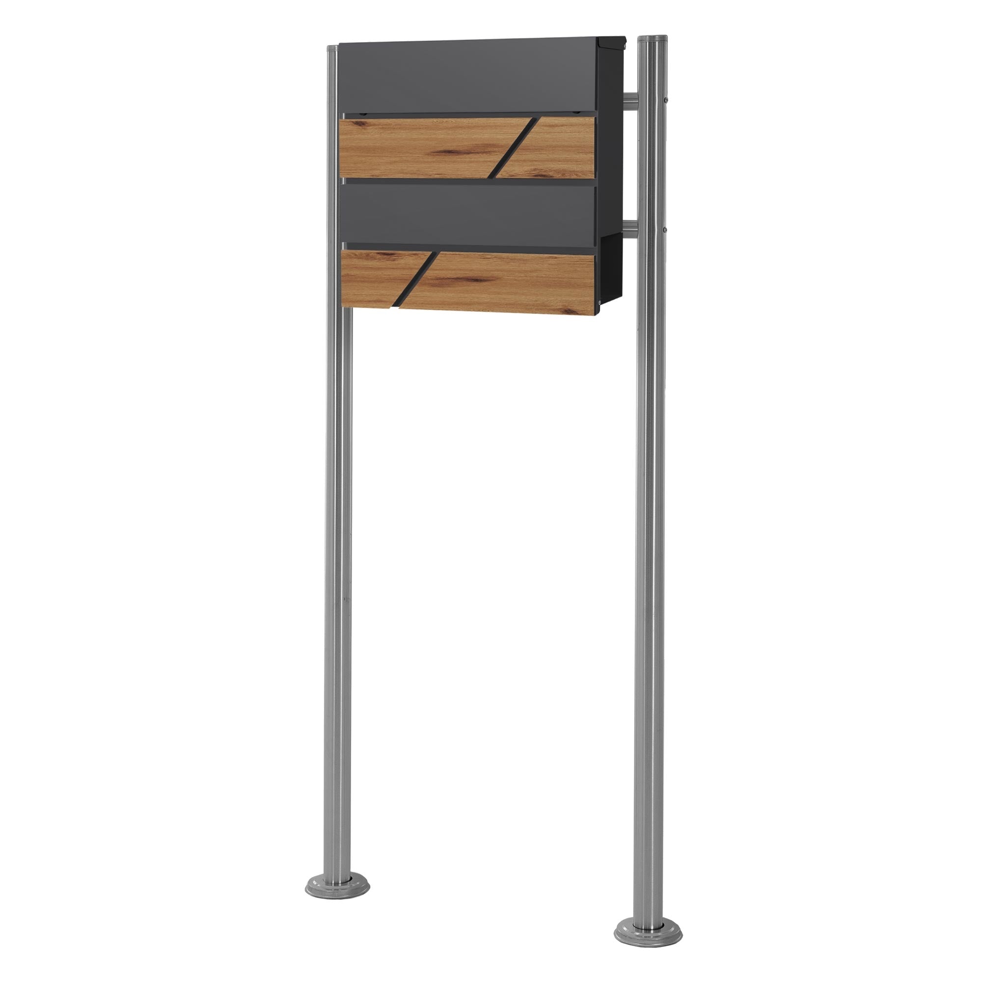 Mailbox on a stand, with wood-colored elements.