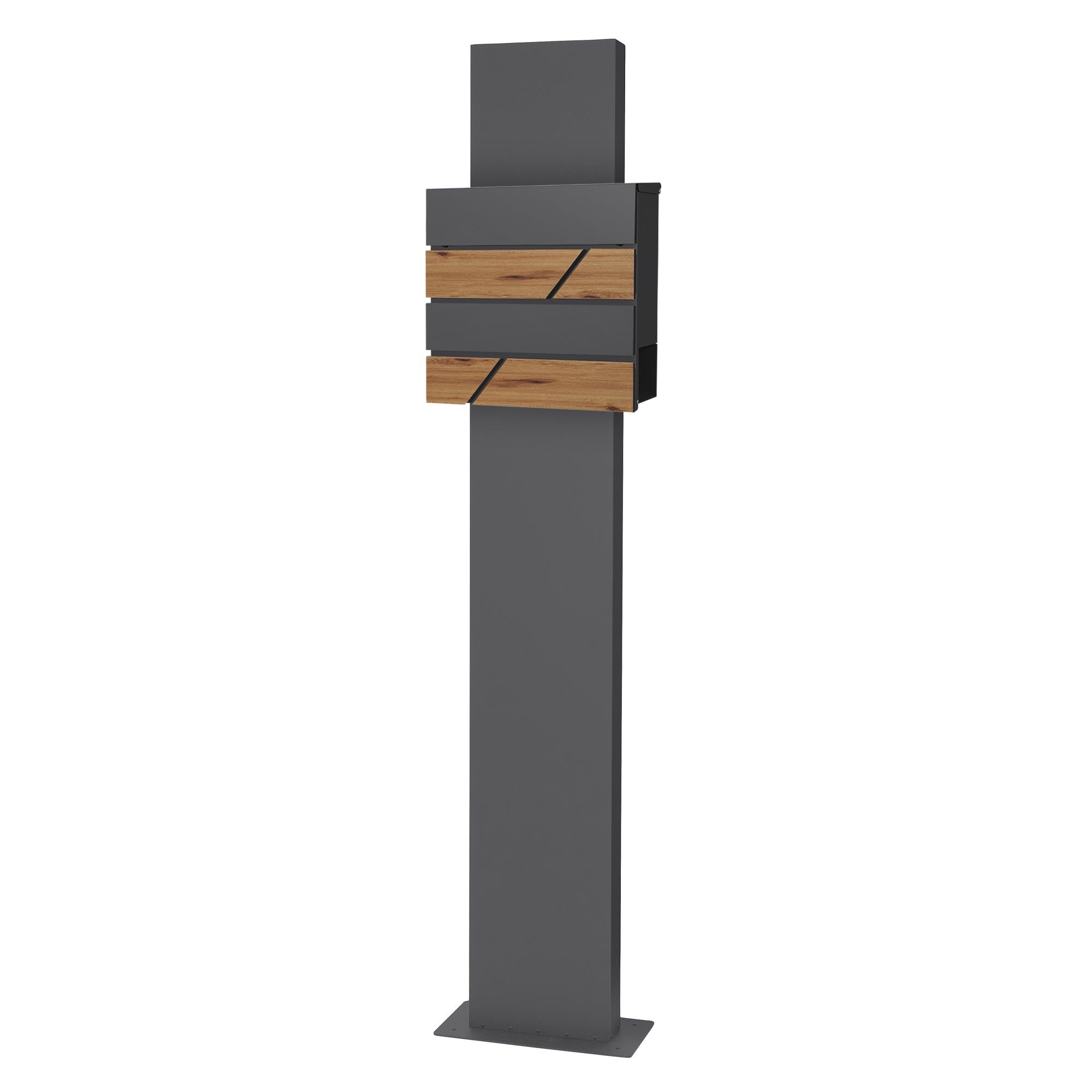 Moderne Briefkastenanlage mit Holz- und Metallakzenten.