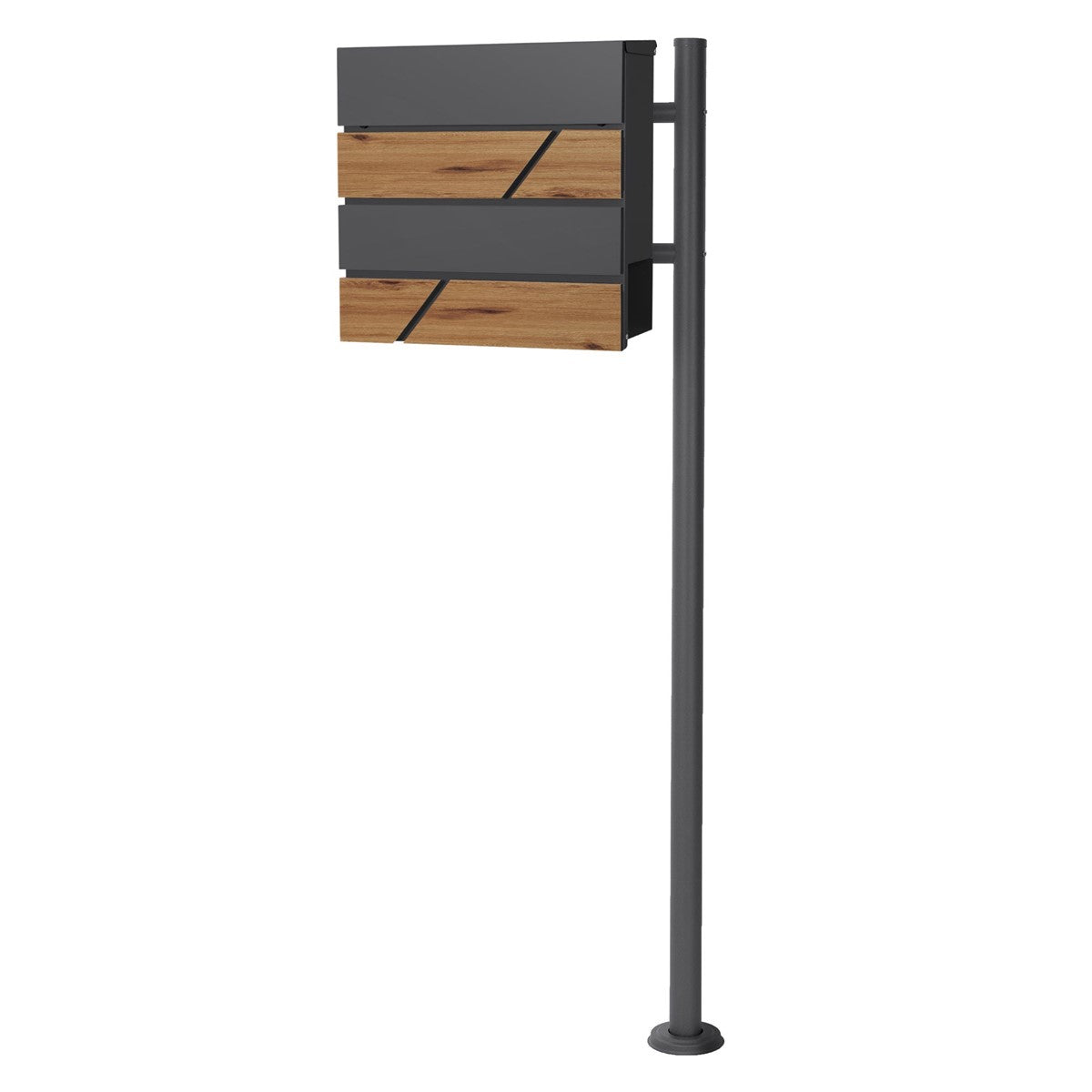 Mailbox on a stand, wood and metal finish.