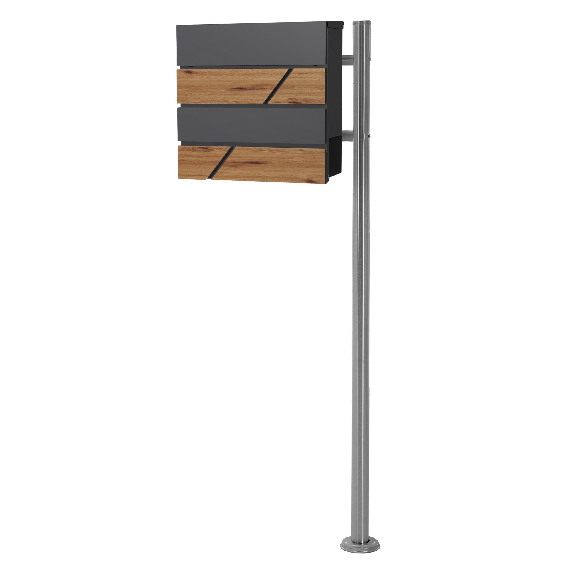 Mailbox in anthracite with oak decor, mounted on a post.