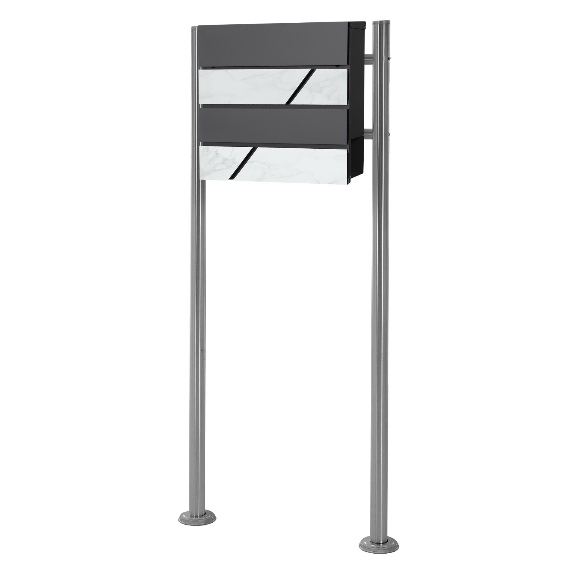 A gray stand with three horizontal panels showing a marbled pattern.