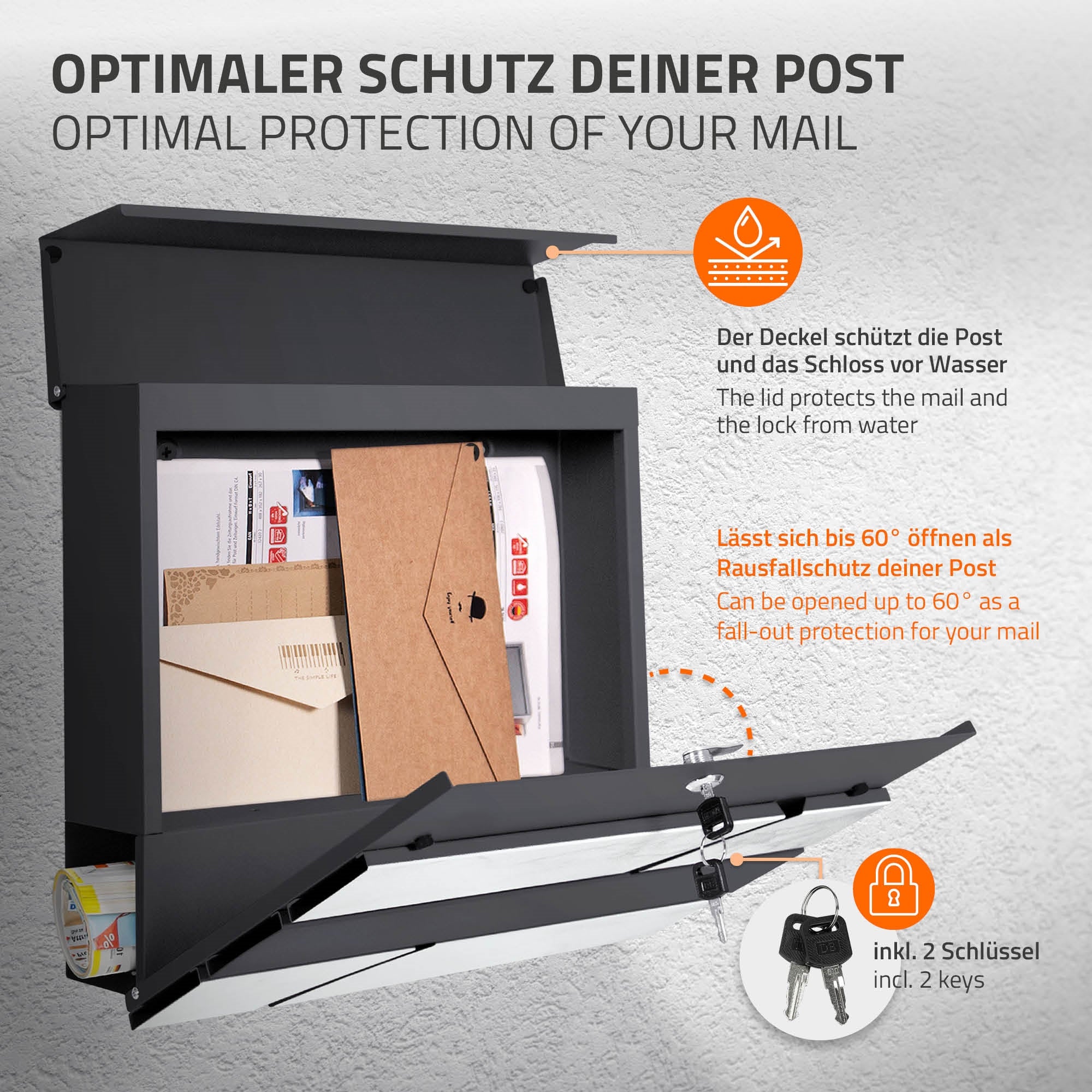 Briefkasten mit Deckel, der Schutz vor Wasser bietet, und zwei Schlüsseln.