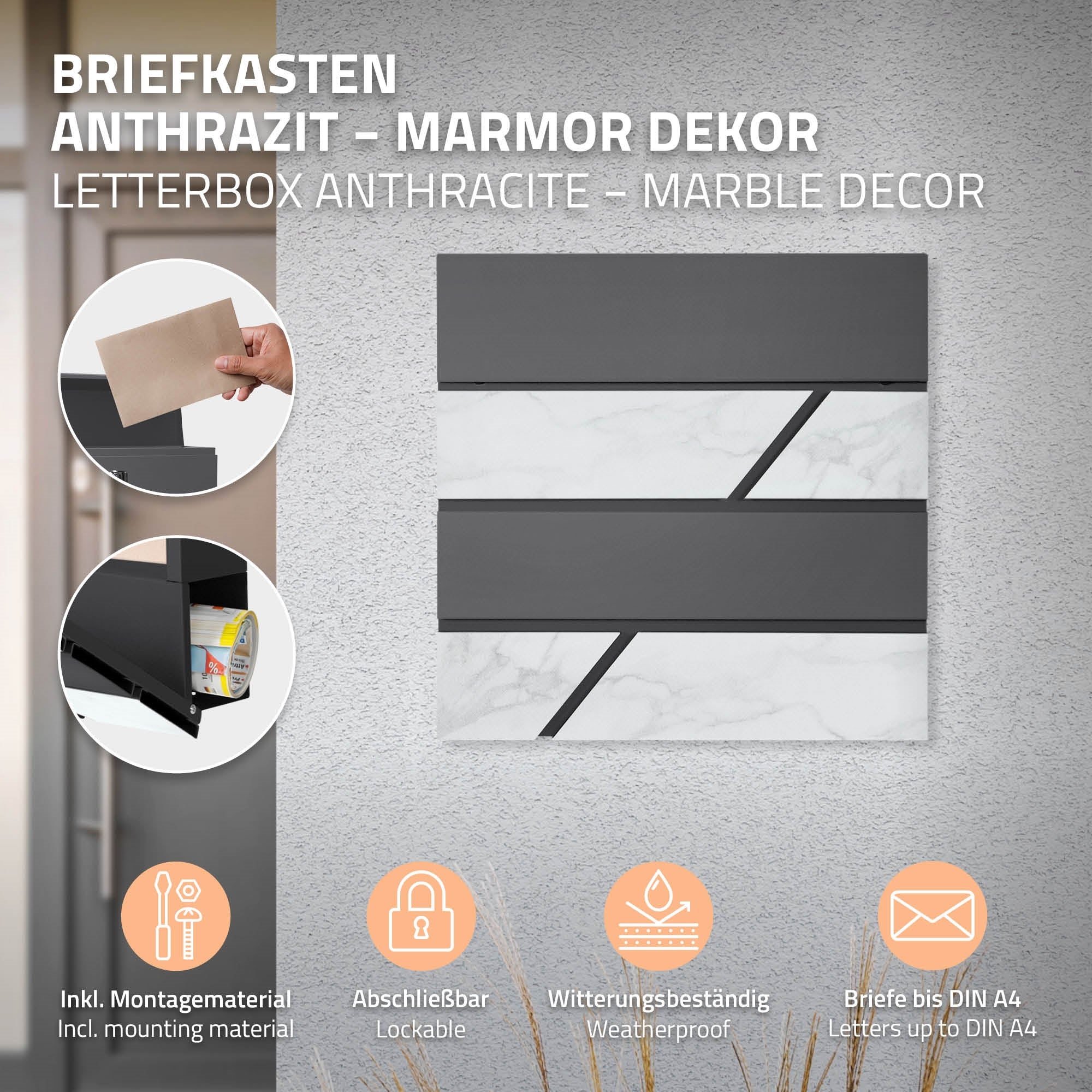Briefkasten in Anthrazit mit Marmor-Dekor, wetterfest und abschließbar.