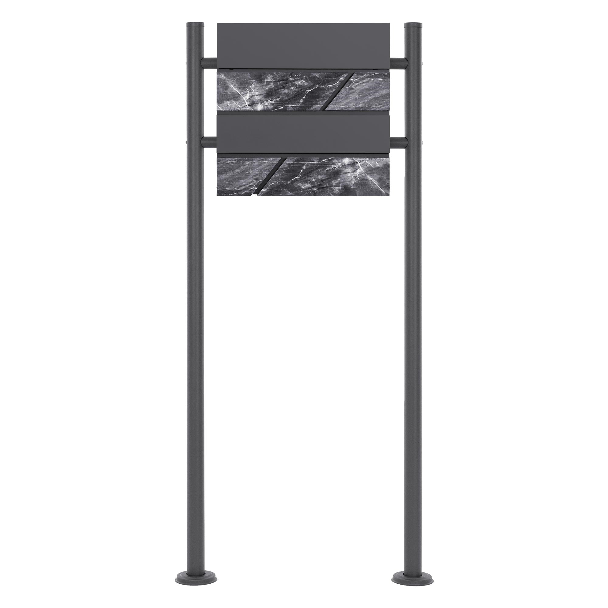 En grå stander med to vandrette plader, der viser et marmor mønster.