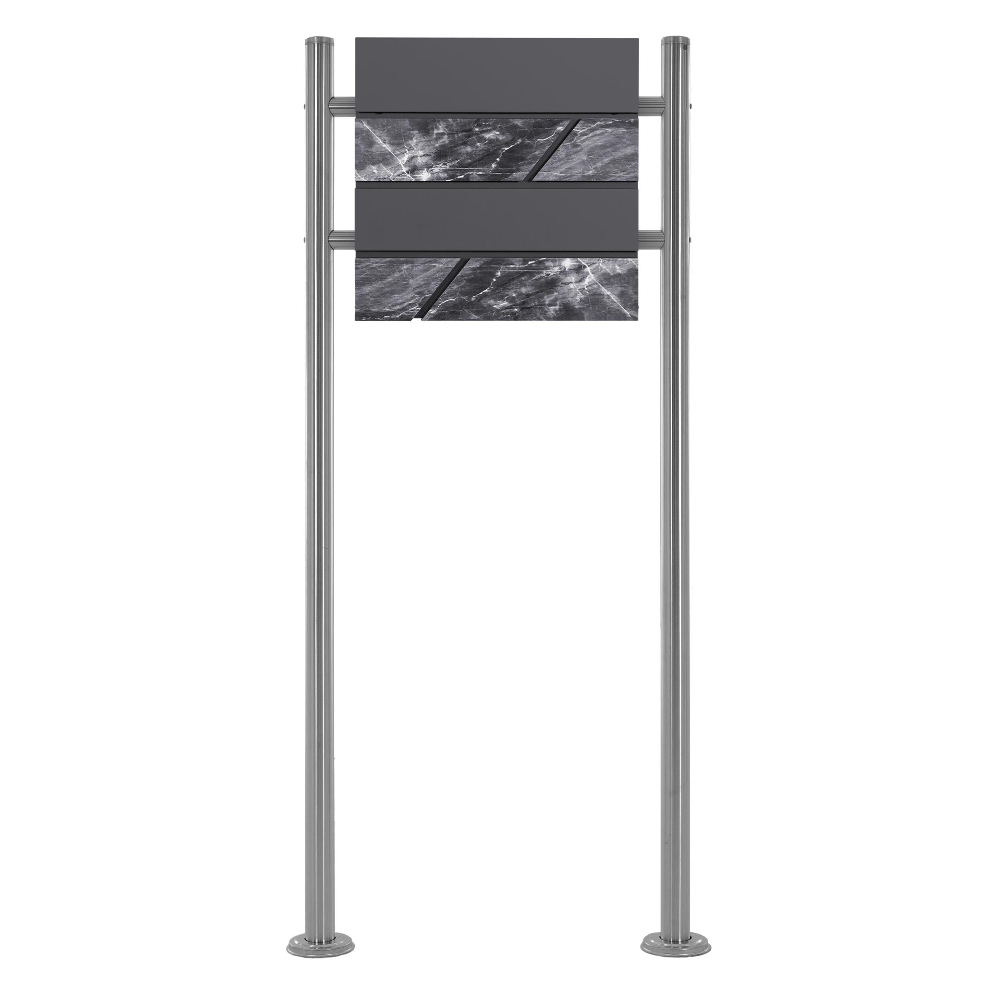 Sign with two horizontal panels, mounted on two vertical rods.