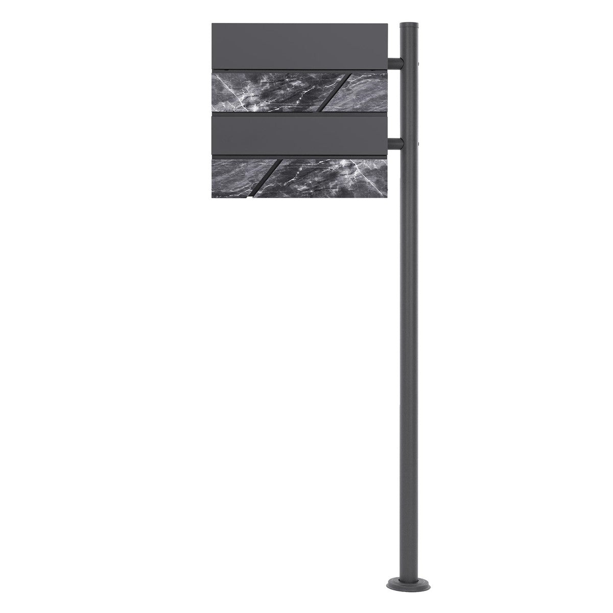 A gray stand with two horizontal panels featuring a marbled pattern.