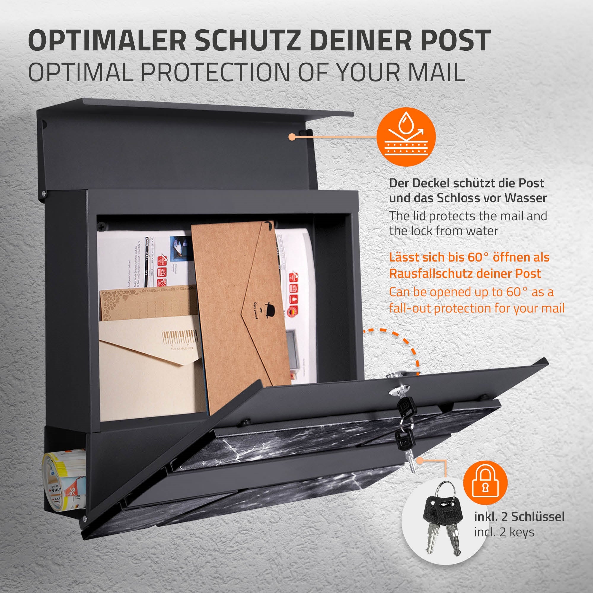 Offener Briefkasten mit Post und einem Deckel, der Schutz bietet.