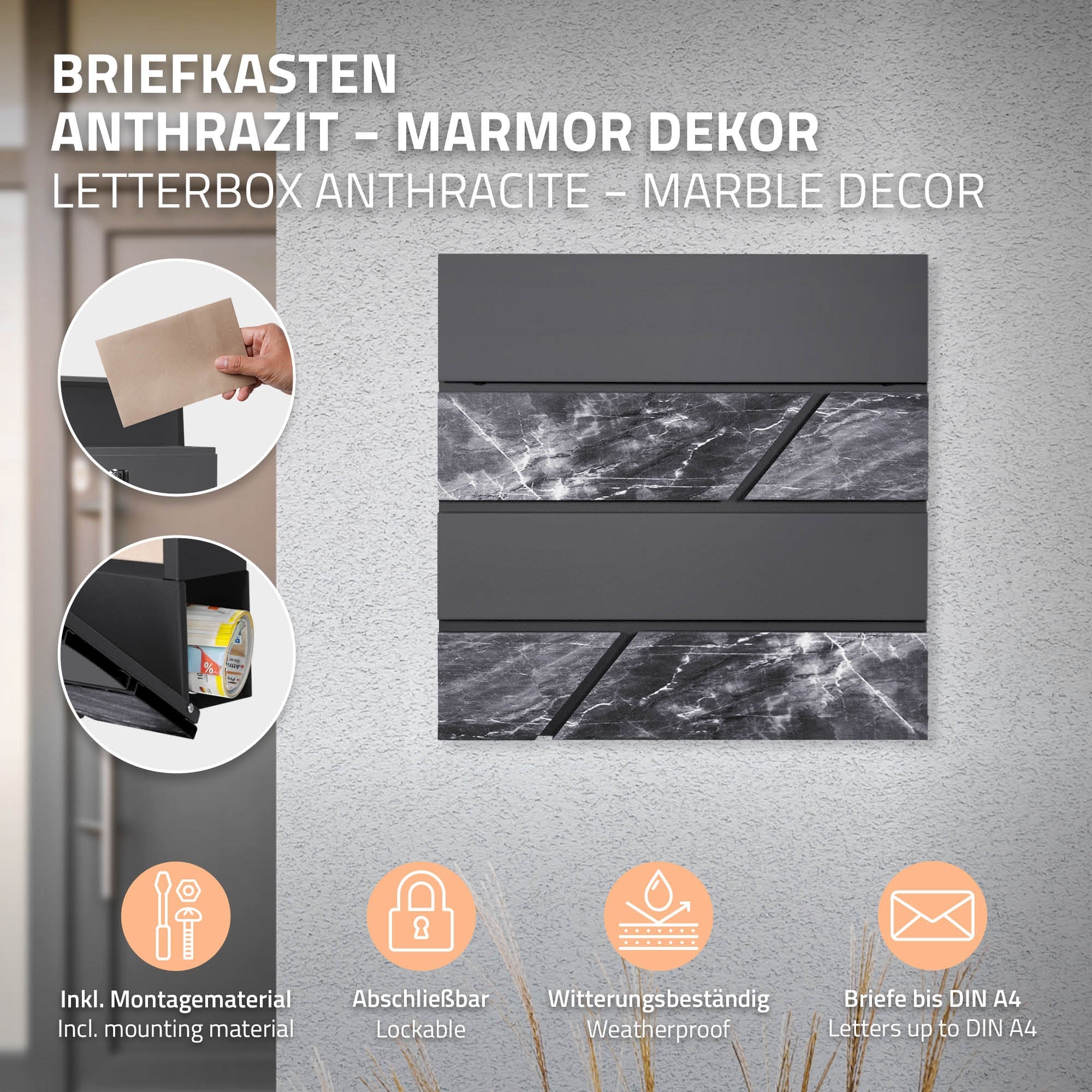 Briefkasten in Anthrazit mit Marmordekor, wetterbeständig, für DIN A4 Briefe.