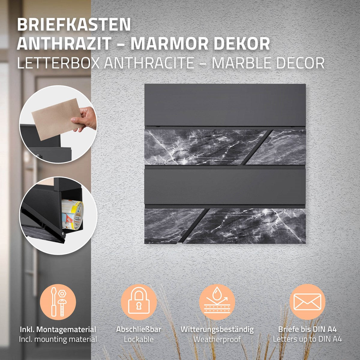 Briefkasten in Anthrazit mit Marmordekor, wetterbeständig, für DIN A4 Briefe.