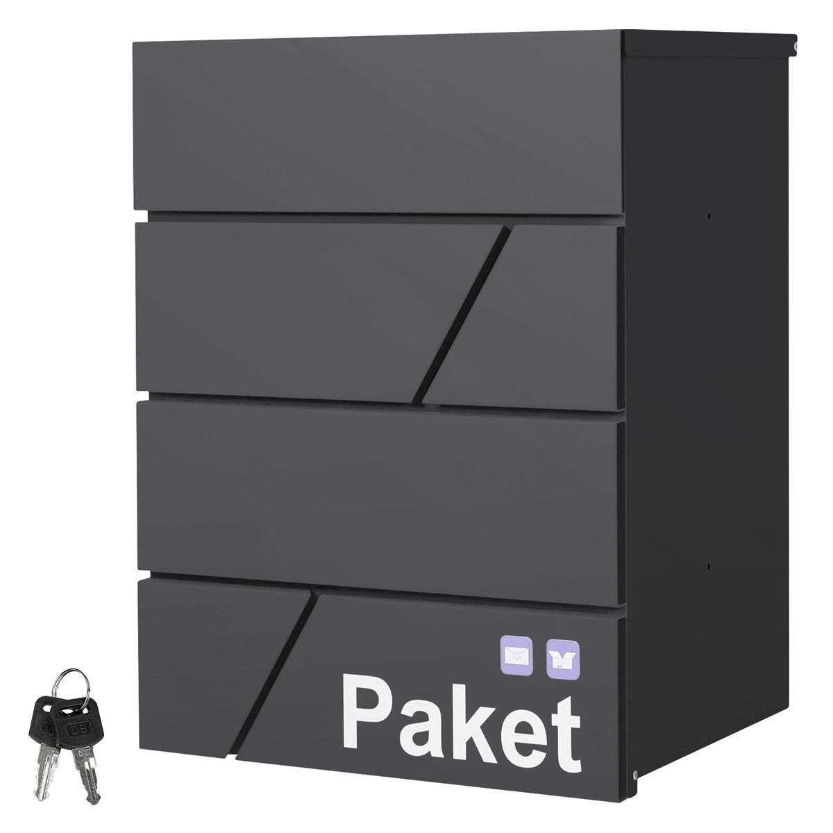 Schwarzer Paketkasten mit vier Schubladen und einem Schlüssel auf der linken Seite.