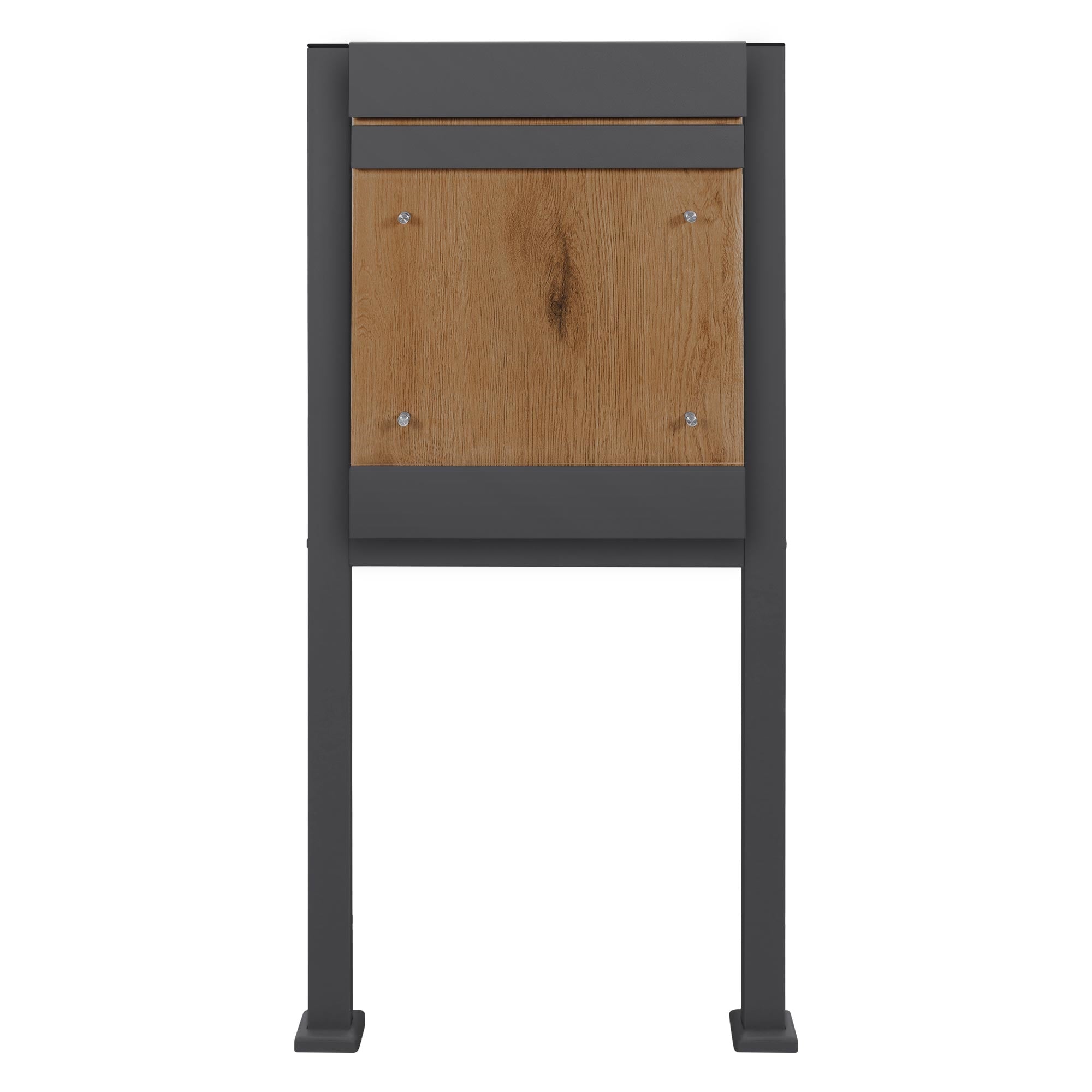 Two mailboxes in different designs, one with a wooden front.