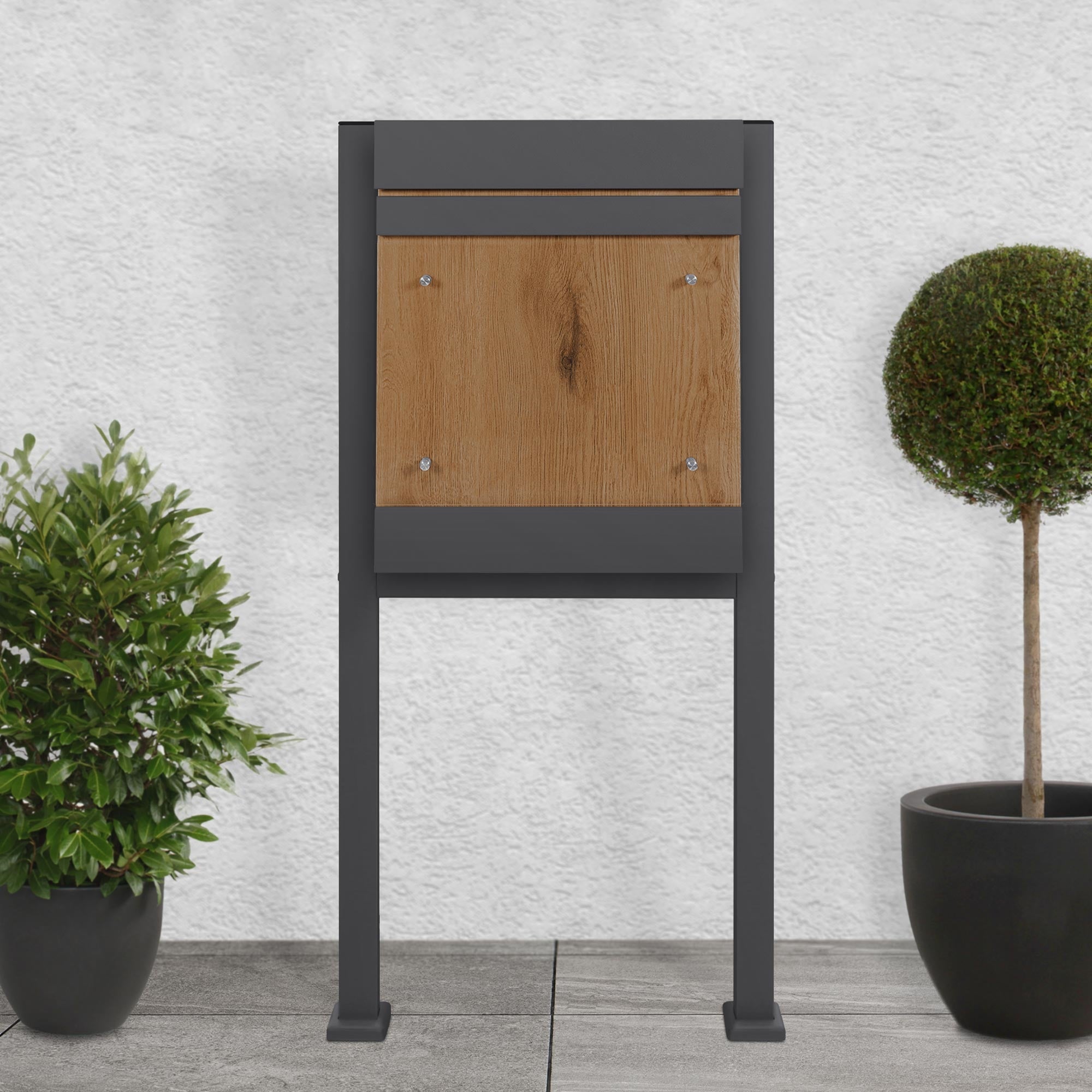 Package box with wooden front, surrounded by two plants on a flooring.