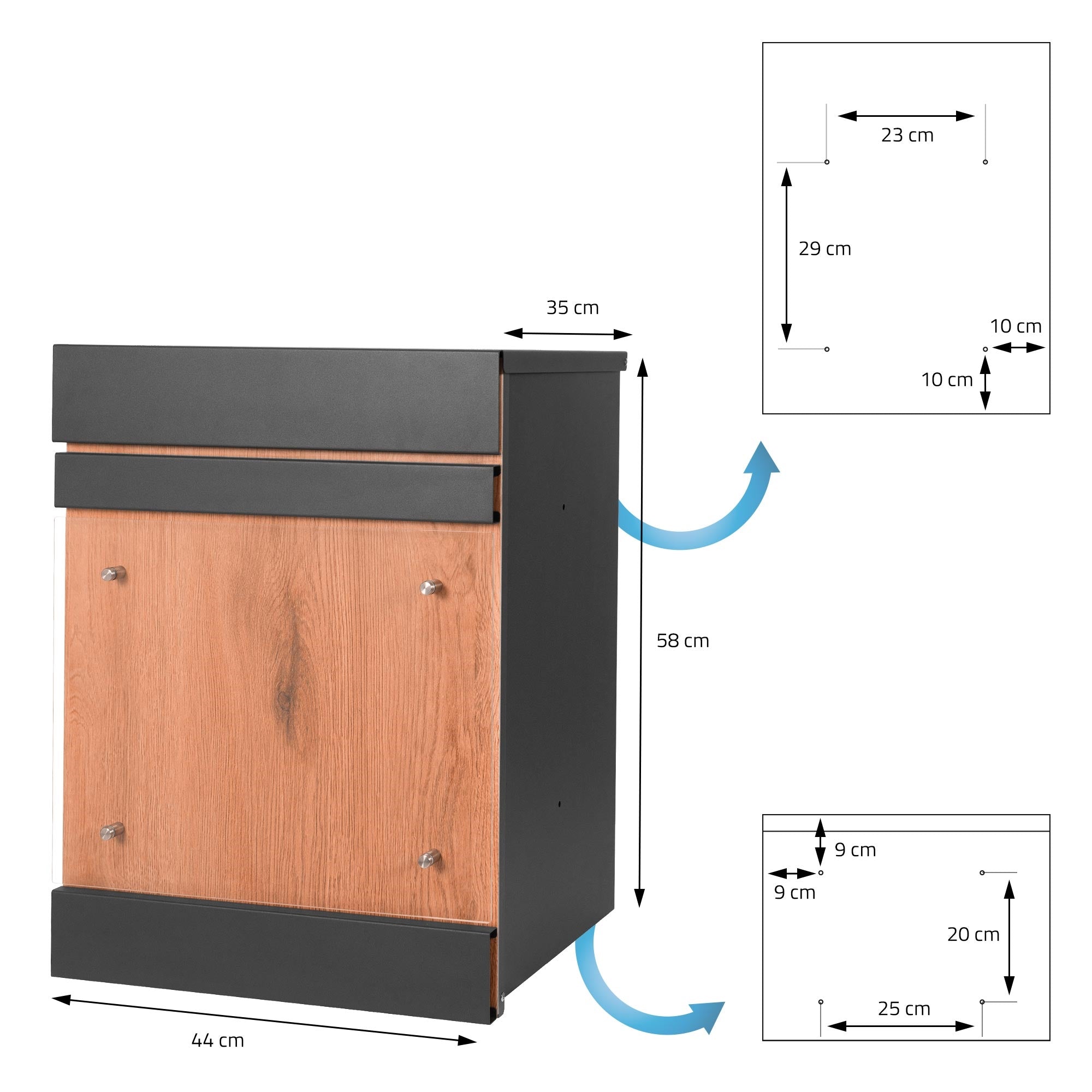 Black mailbox with wooden front and dimensions in cm.