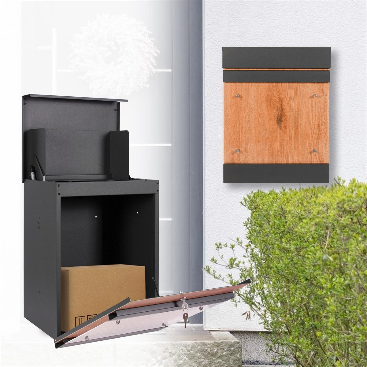 Schwarzer Paketkasten mit Holzfront, geöffnet und leer.
