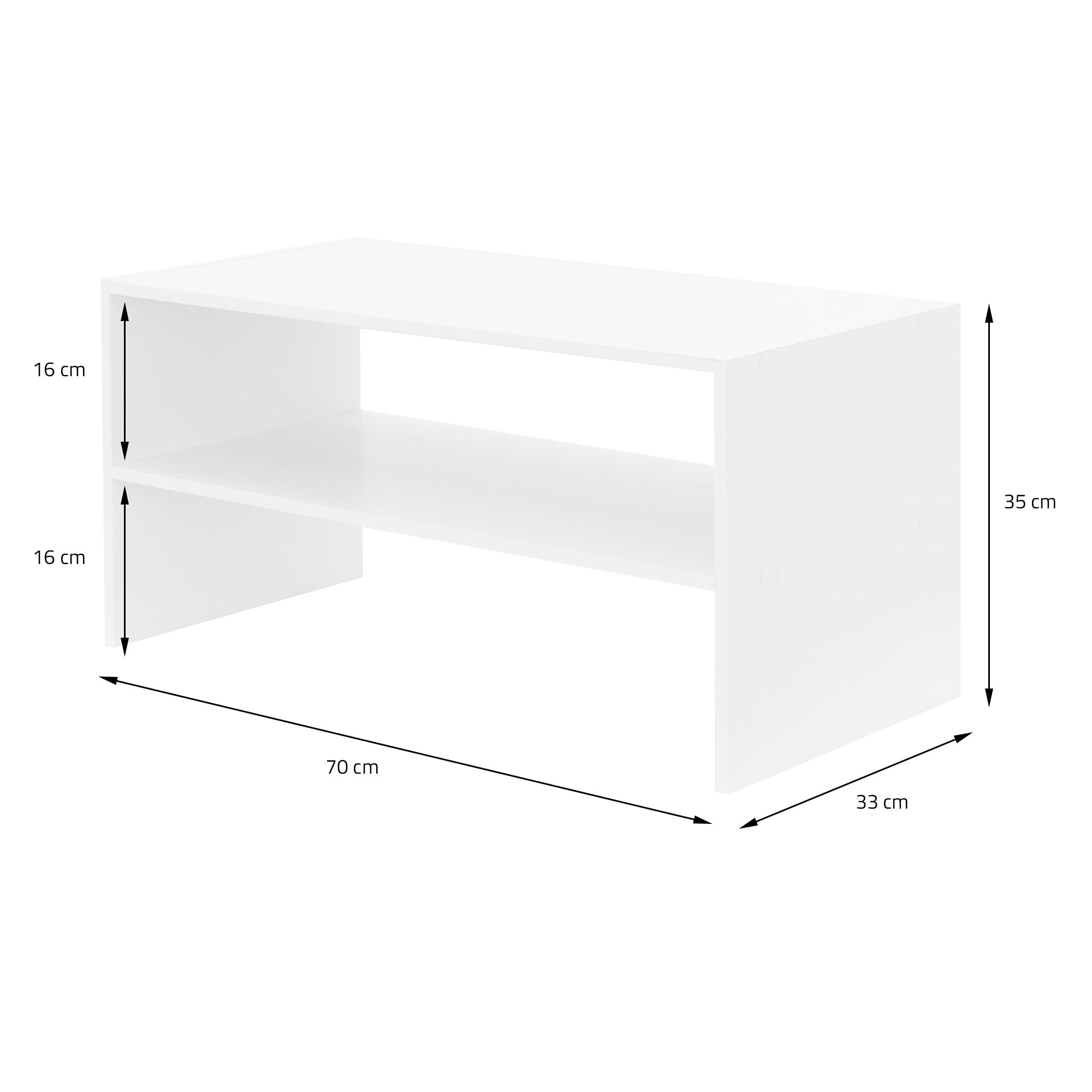 Meuble blanc avec deux compartiments ouverts et des dimensions en centimètres.