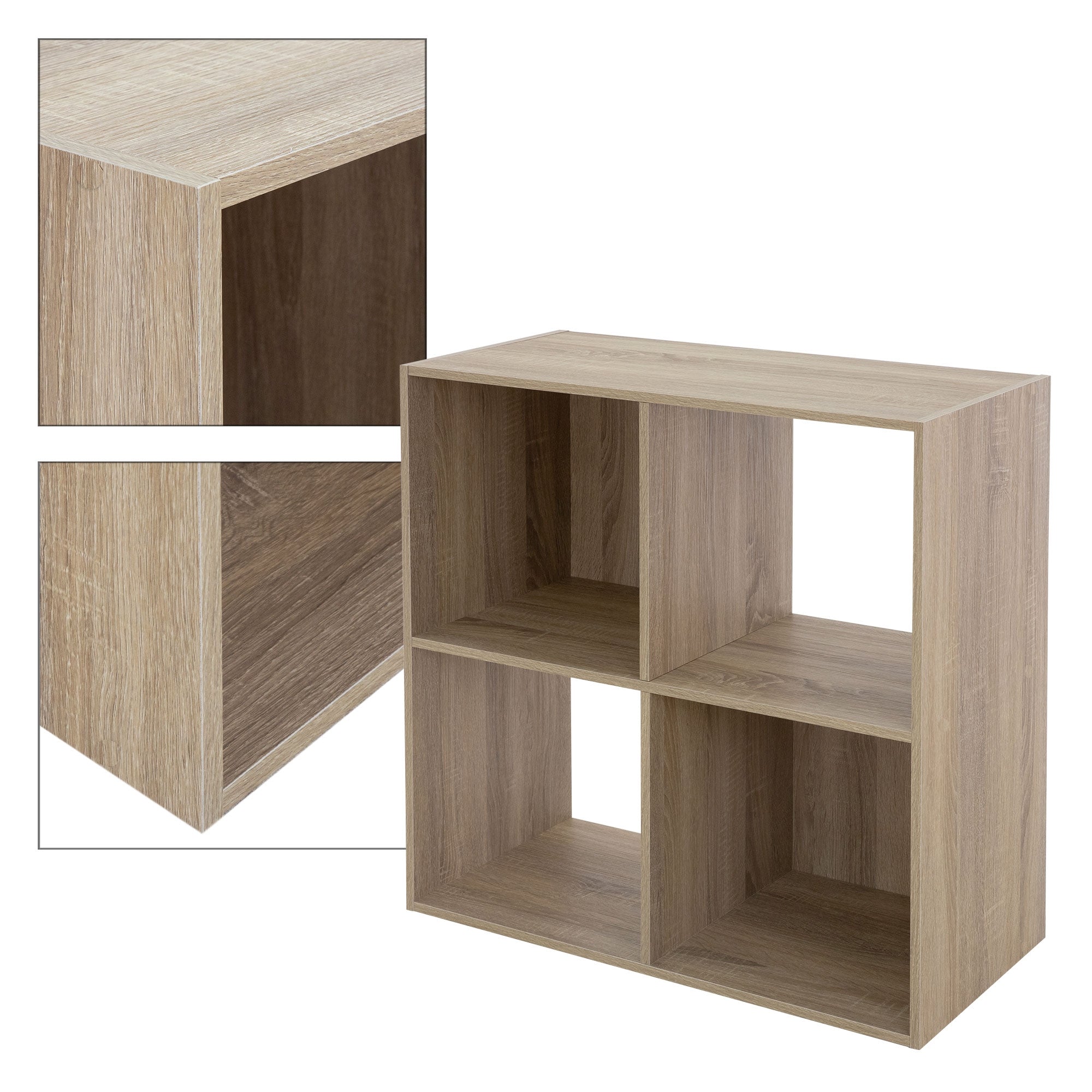Étagère en bois de couleur claire avec quatre compartiments.
