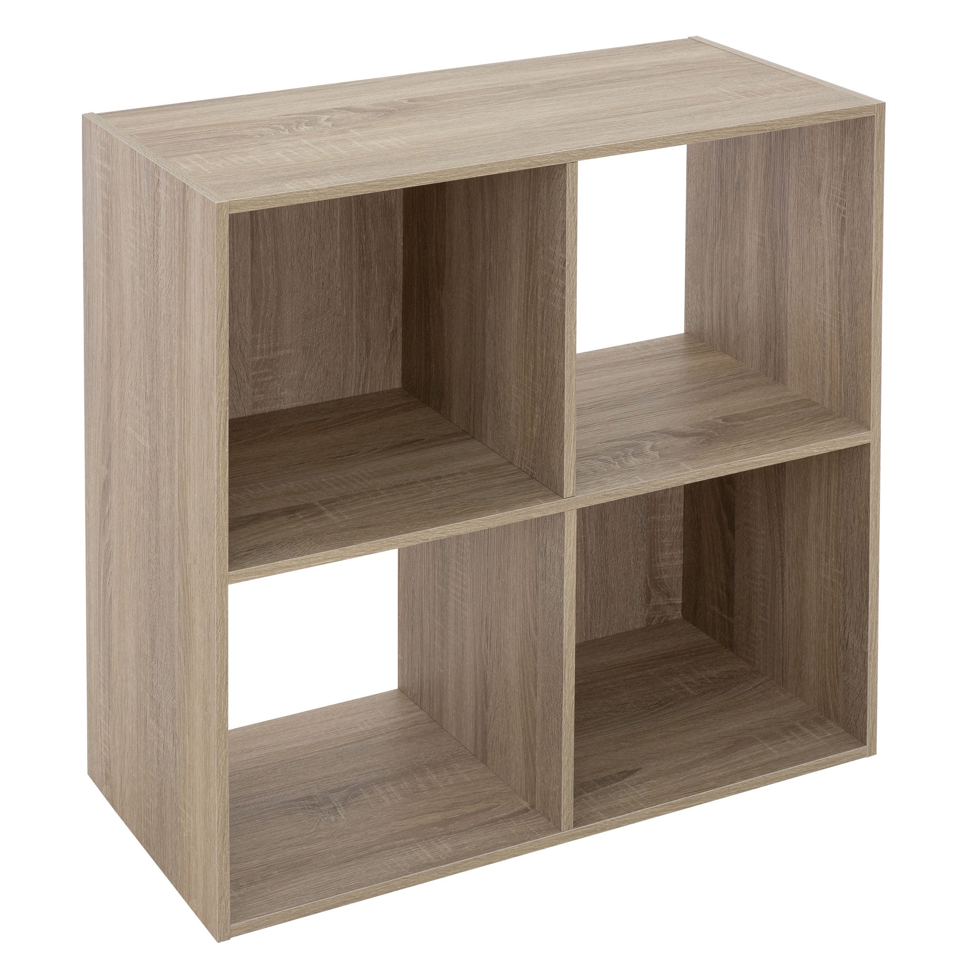 Étagère en bois avec quatre compartiments en aspect bois clair.