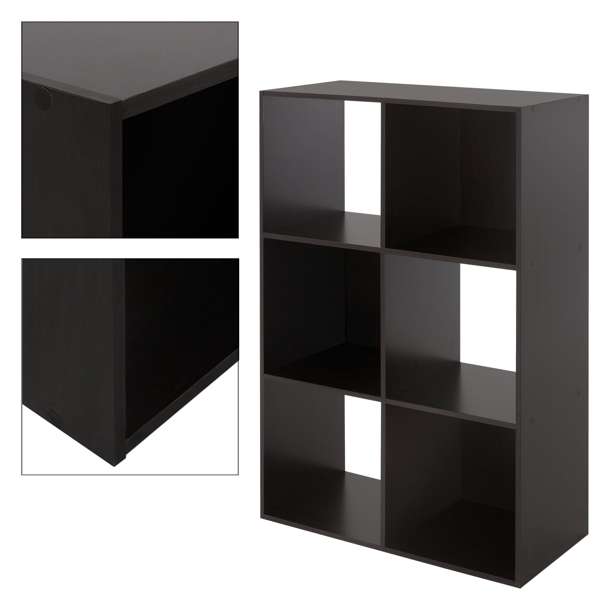 Primo piano di uno scaffale nero con scomparti aperti.