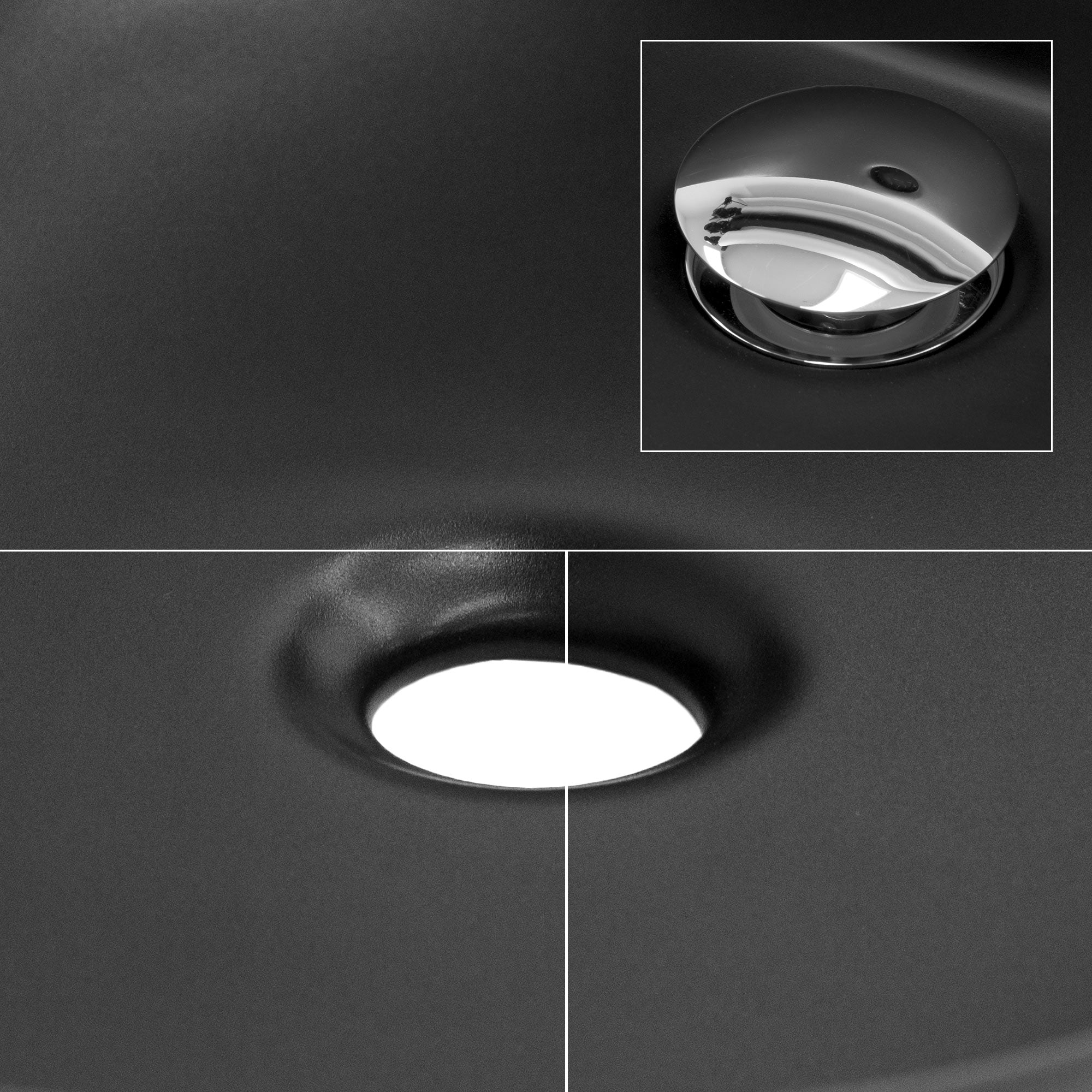 Close-up of the drain of a black sink.