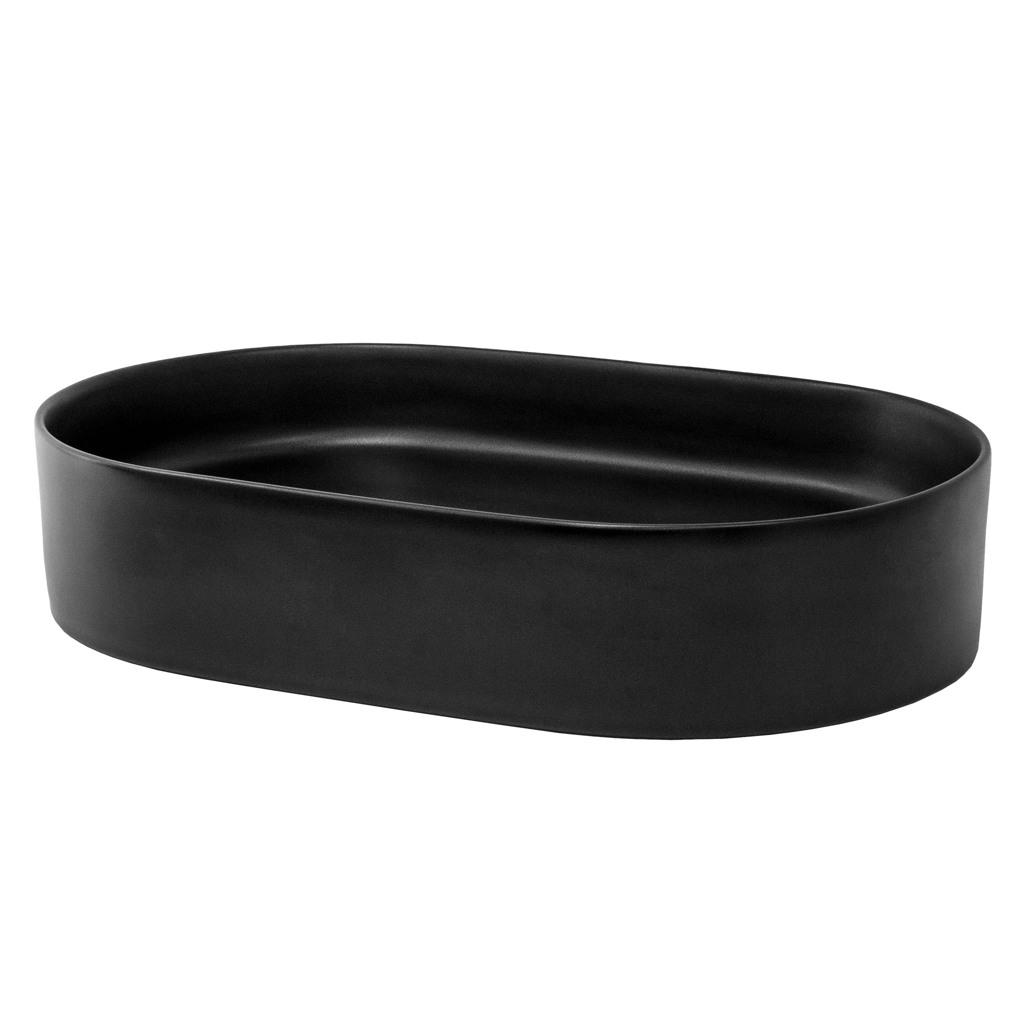 Black oval bowl without content on a white background.