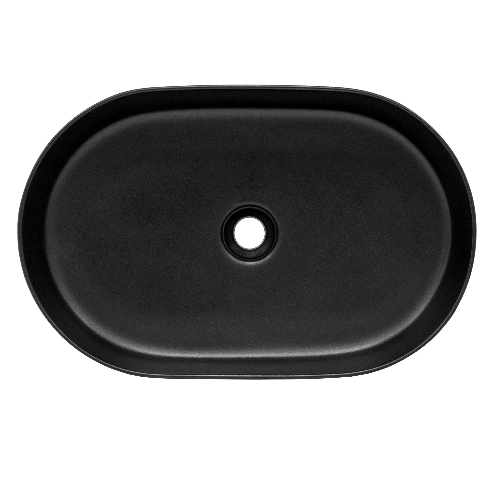 Black oval sink from above.