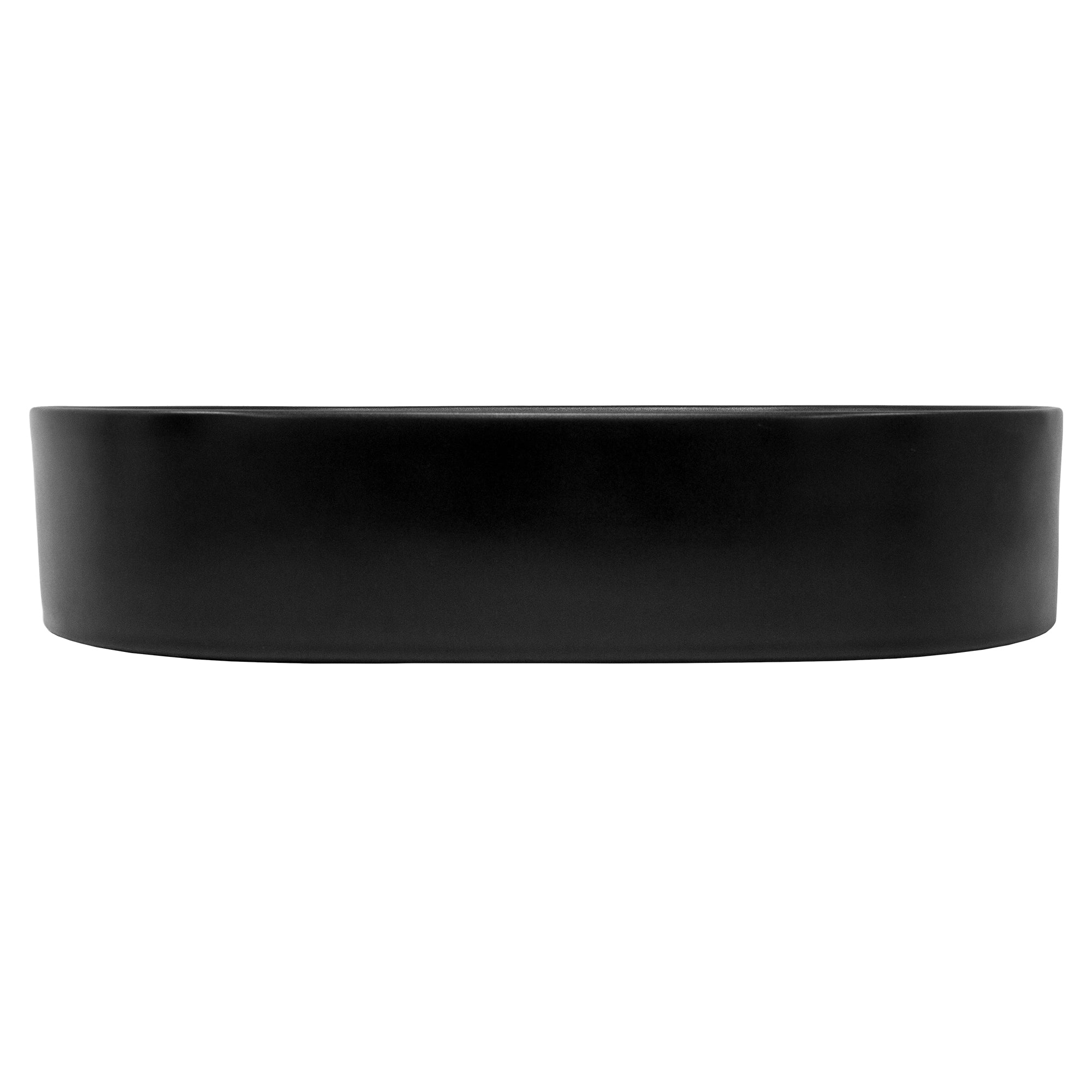 Side view of a black oval bowl on a white background.
