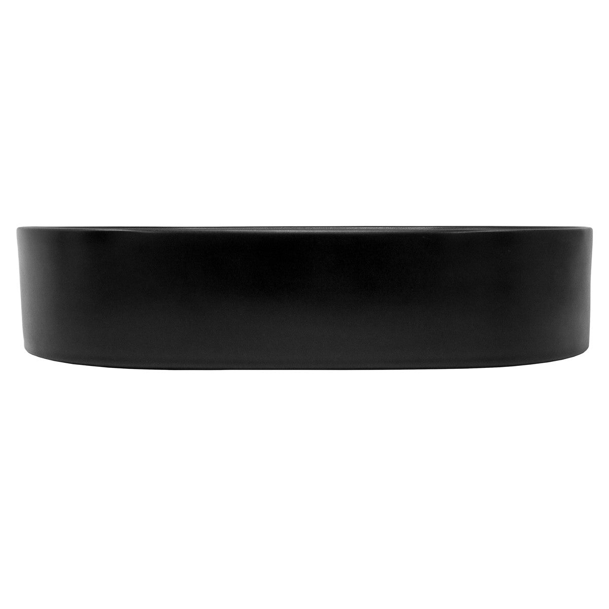 Sidevisning af en sort, oval skål på hvid baggrund.