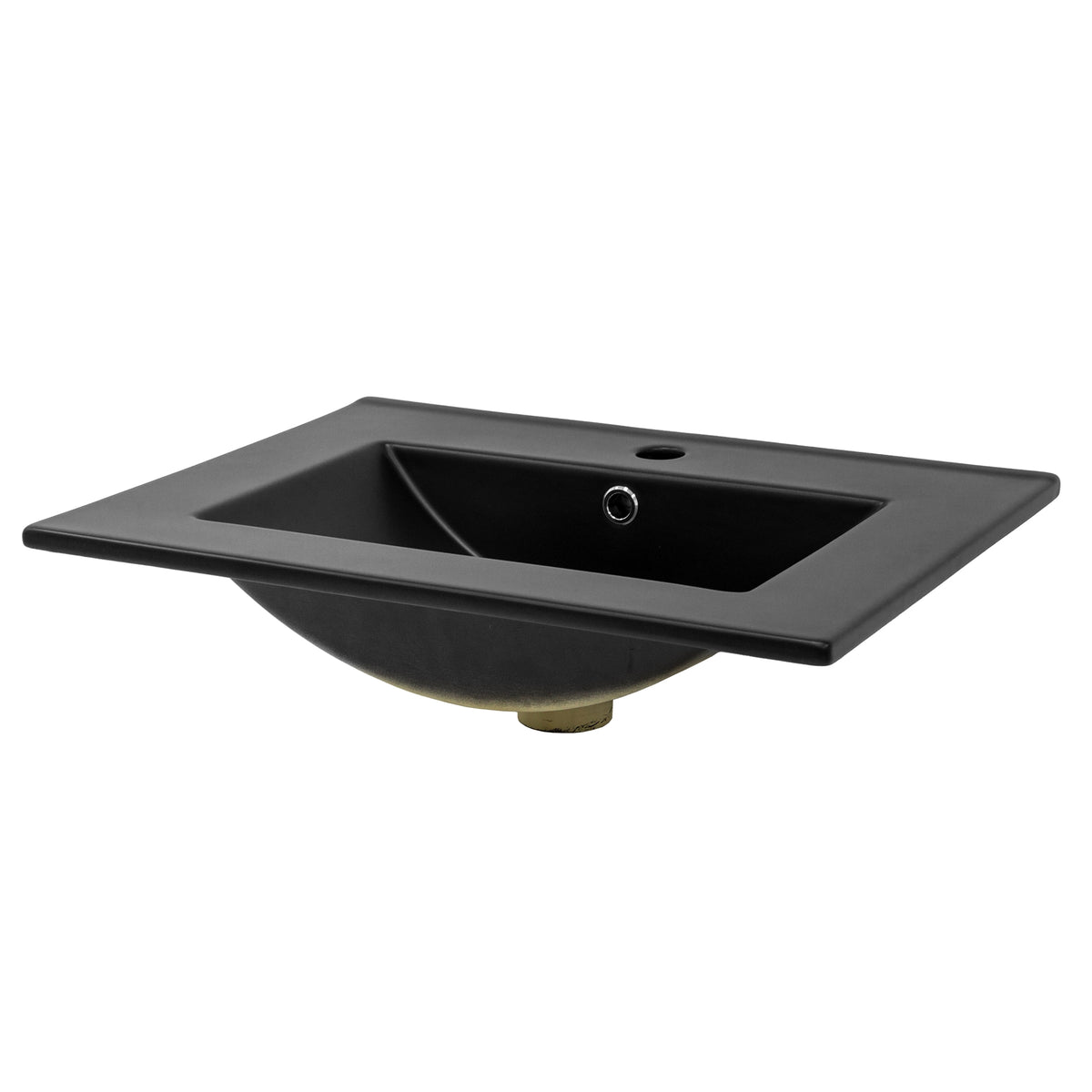 Schwarzes Waschbecken mit rechteckiger Form und Abflussloch.