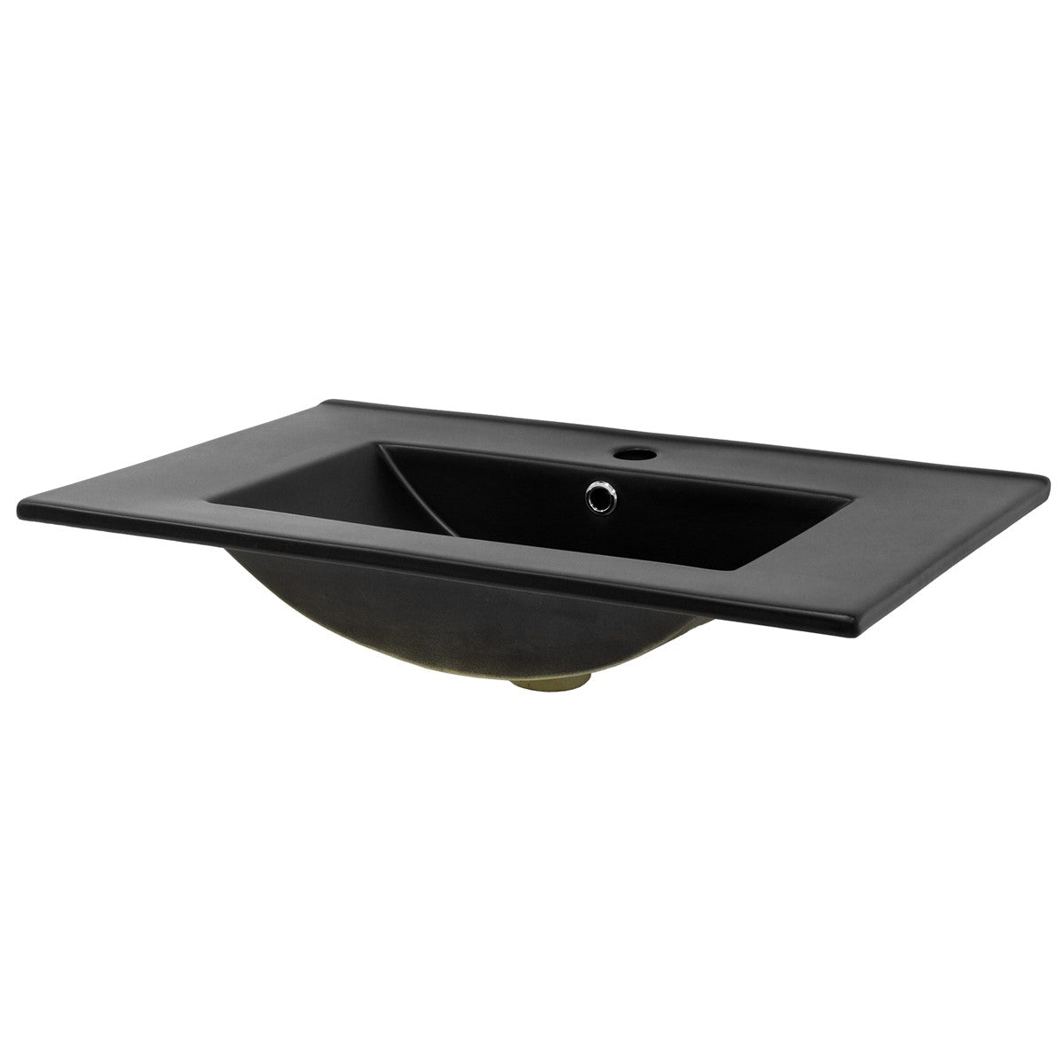 Schwarzes Waschbecken mit rechteckiger Form und abgerundeten Kanten.